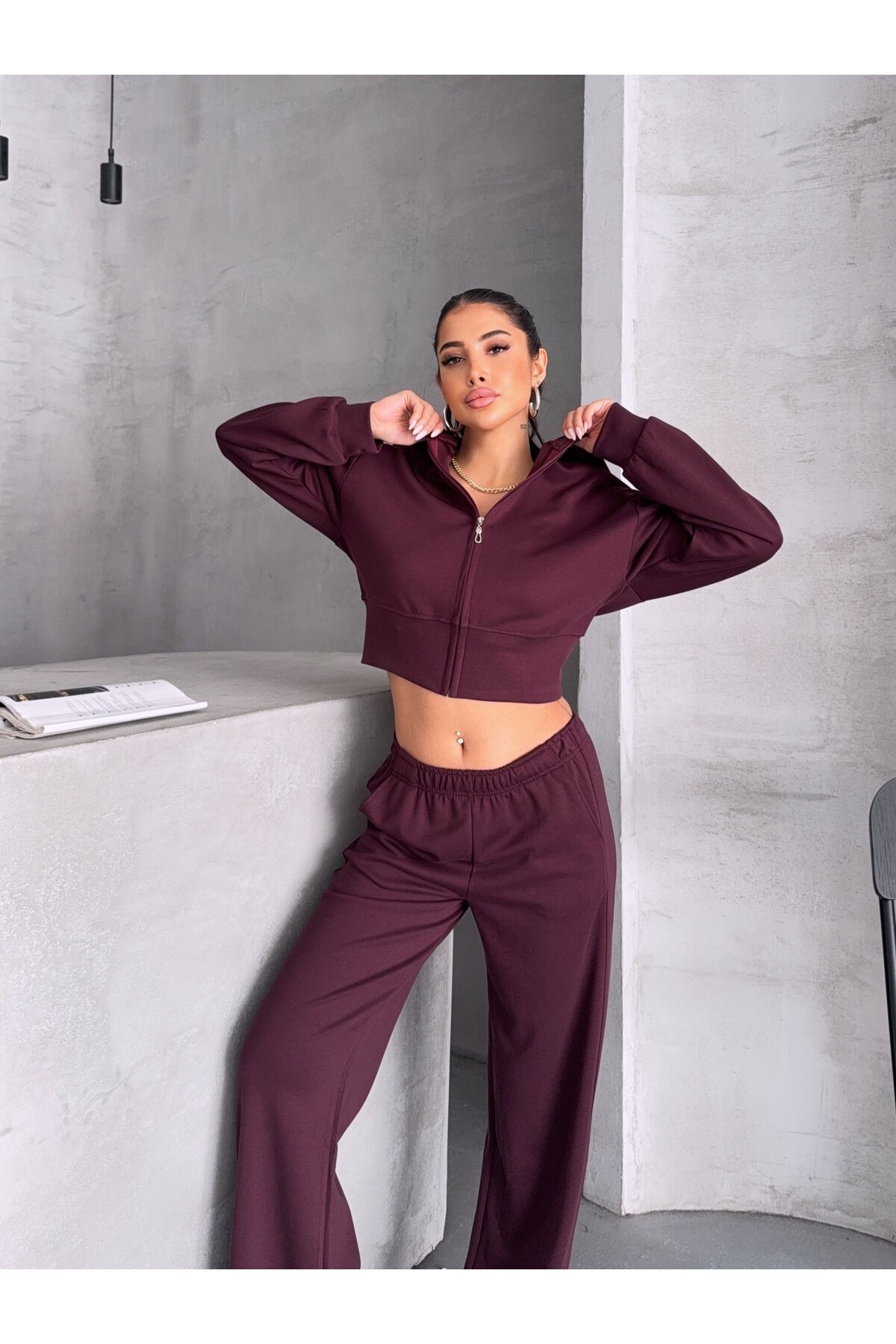 Modal Kumaş Crop Üst Eşofman Takım Bordo