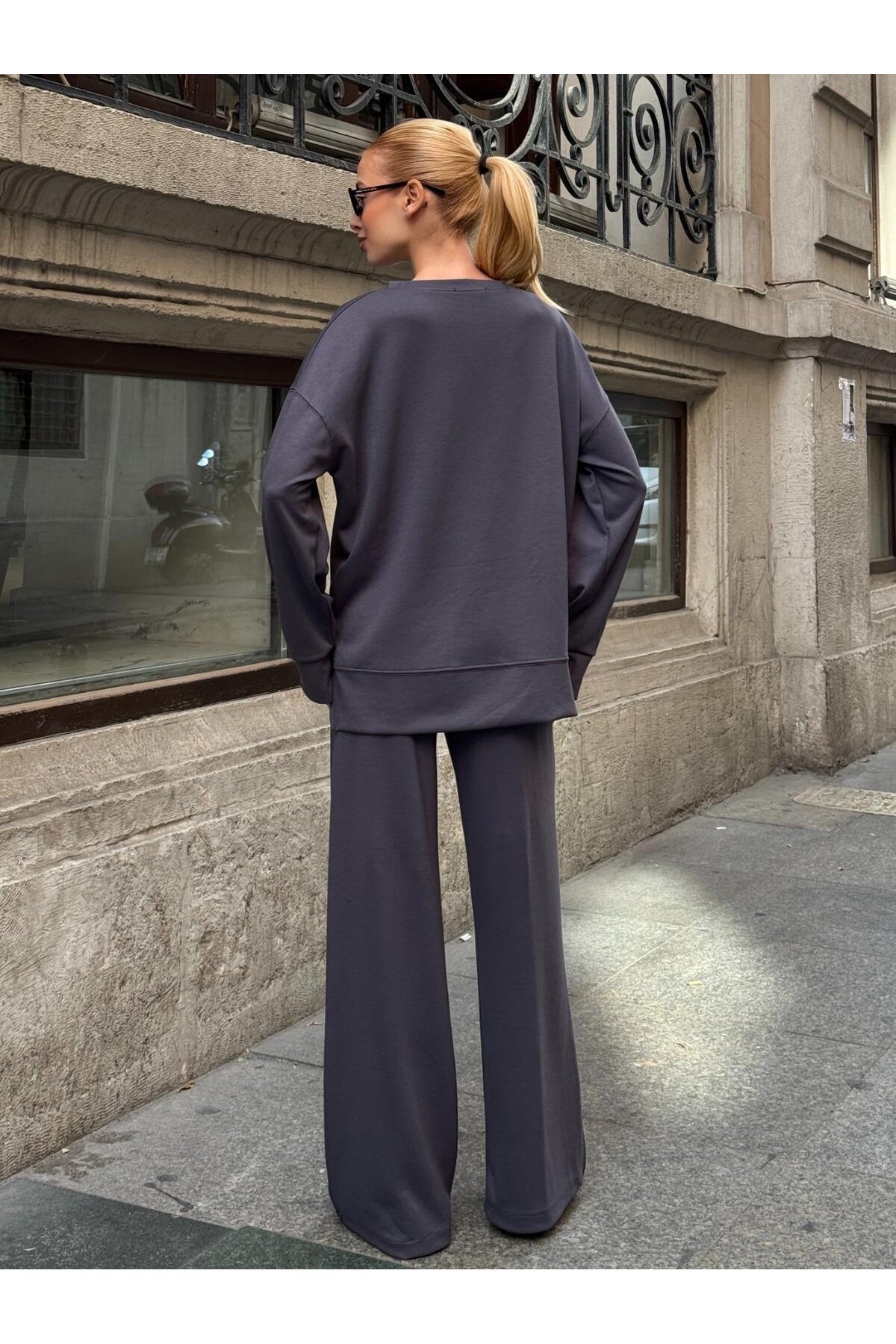 Modal Kumaş Gri Oversize Sweat İkili Takım