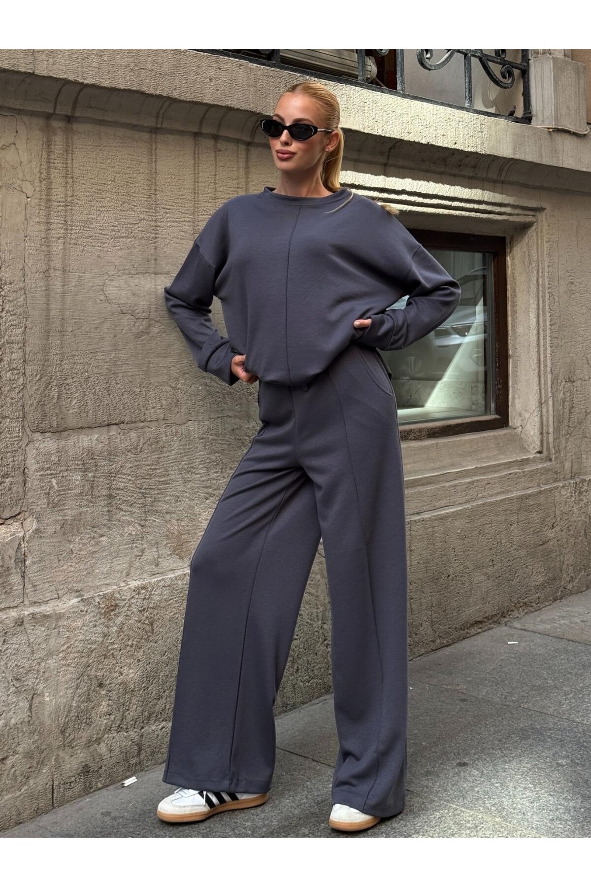 Modal Kumaş Gri Oversize Sweat İkili Takım