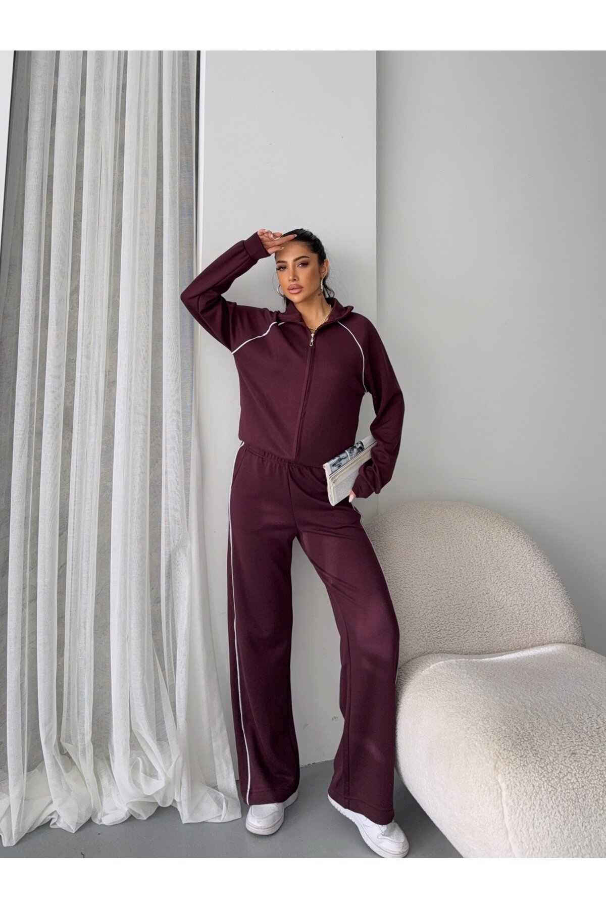 Modal Kumaş Şerit Detaylı Takım Bordo