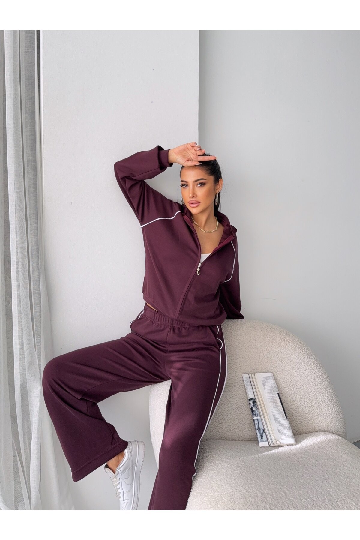 Modal Kumaş Şerit Detaylı Takım Bordo