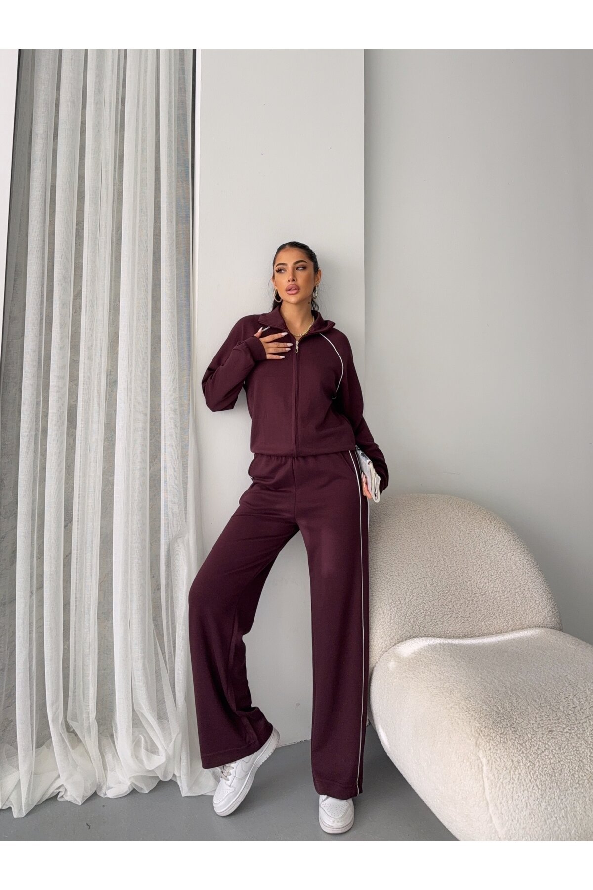 Modal Kumaş Şerit Detaylı Takım Bordo