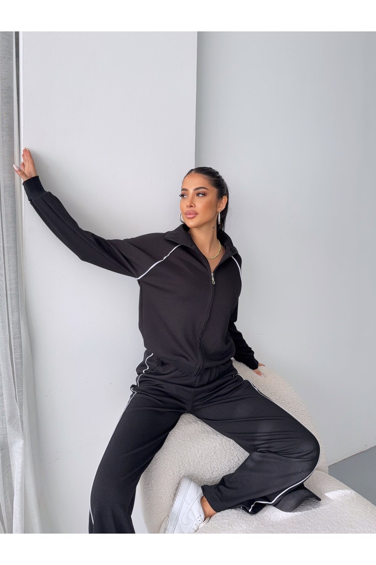 Modal Kumaş Şerit Detaylı Takım Siyah