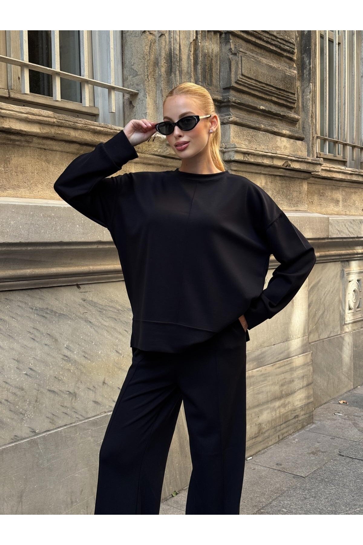 Modal Kumaş Siyah Oversize Sweat İkili Takım