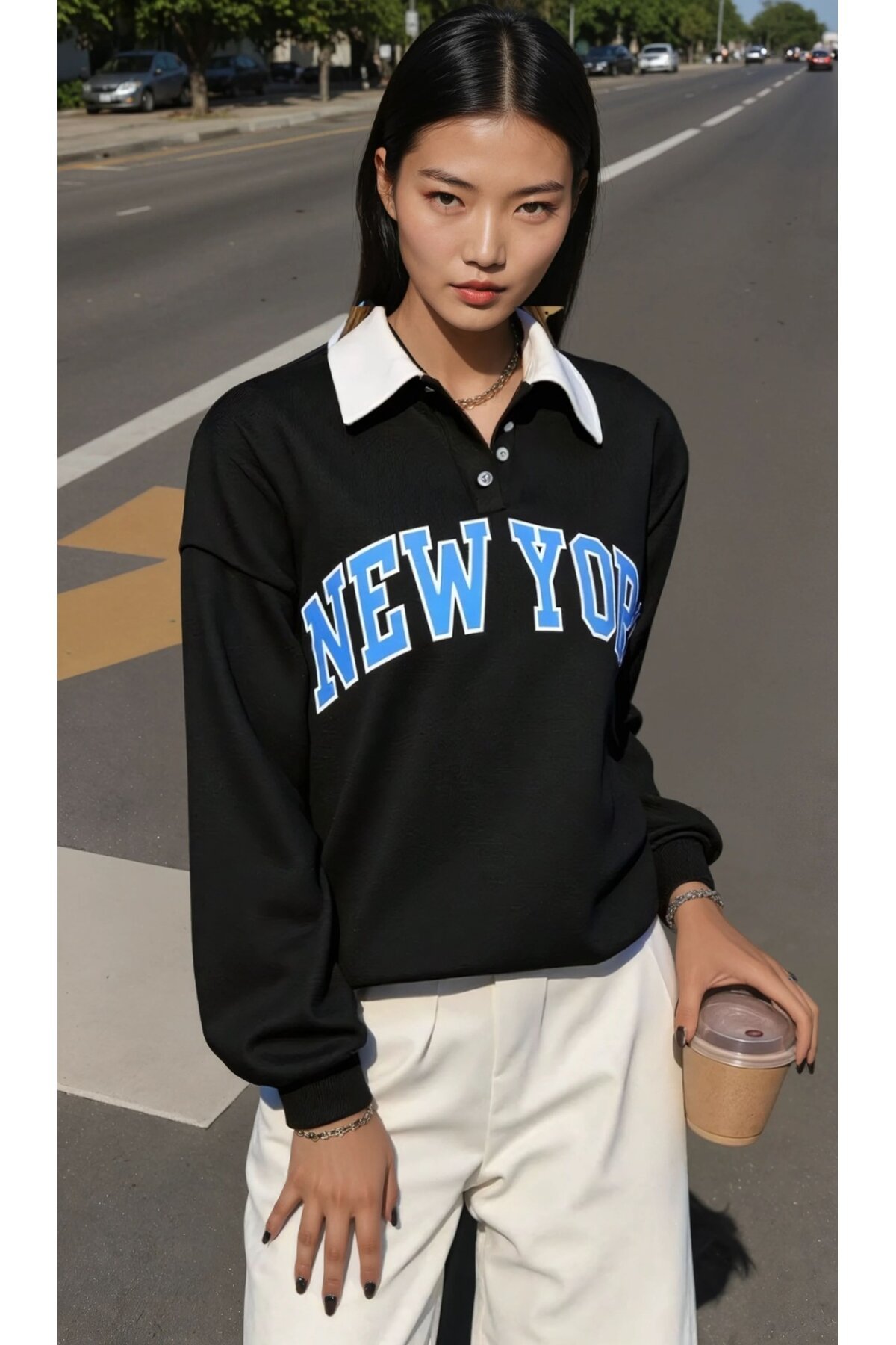 New York Baskılı Polo Yaka Siyah Sweatshirt