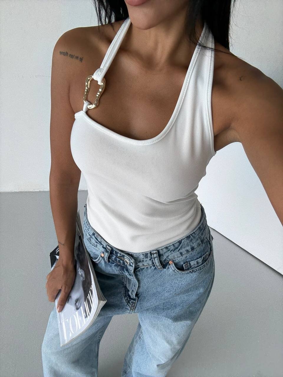 Omuz Toka Detay Bluz Beyaz