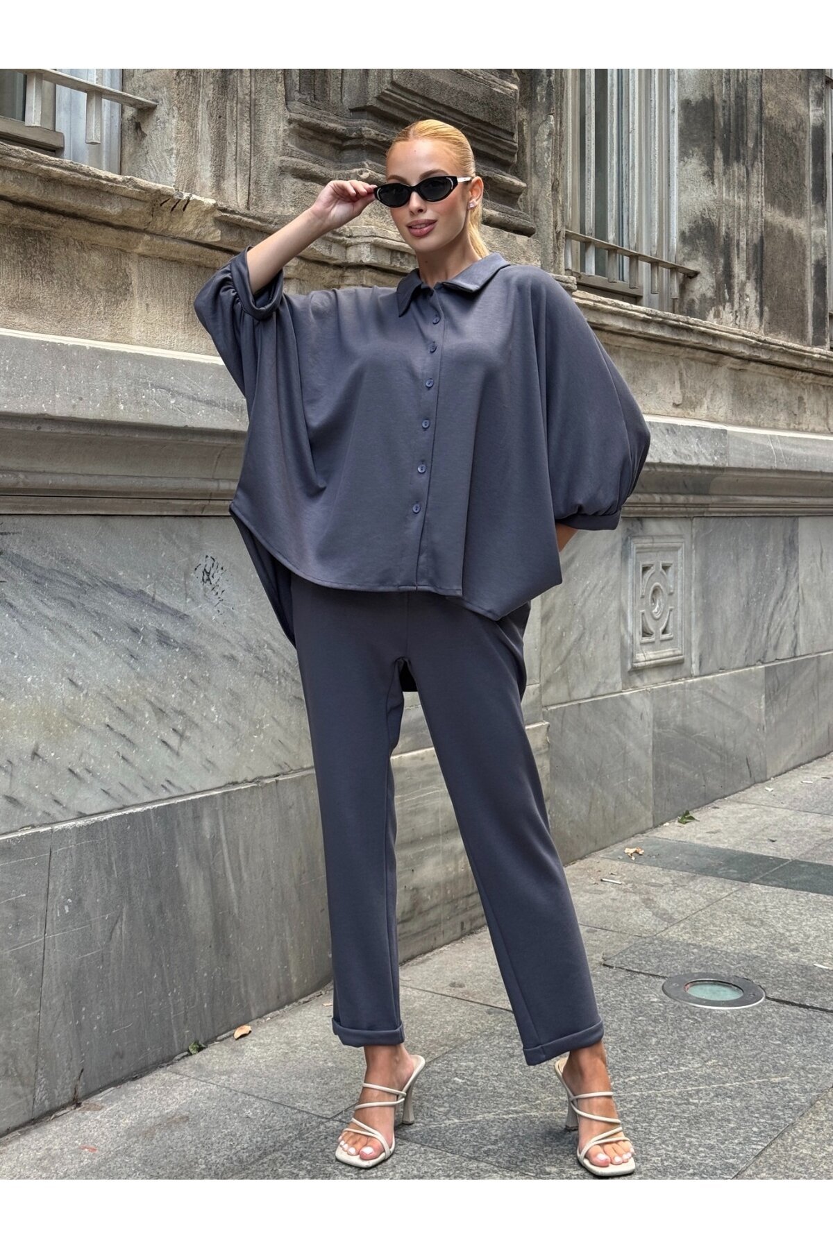 Oversize Gömlek Pantalon Gri Takım