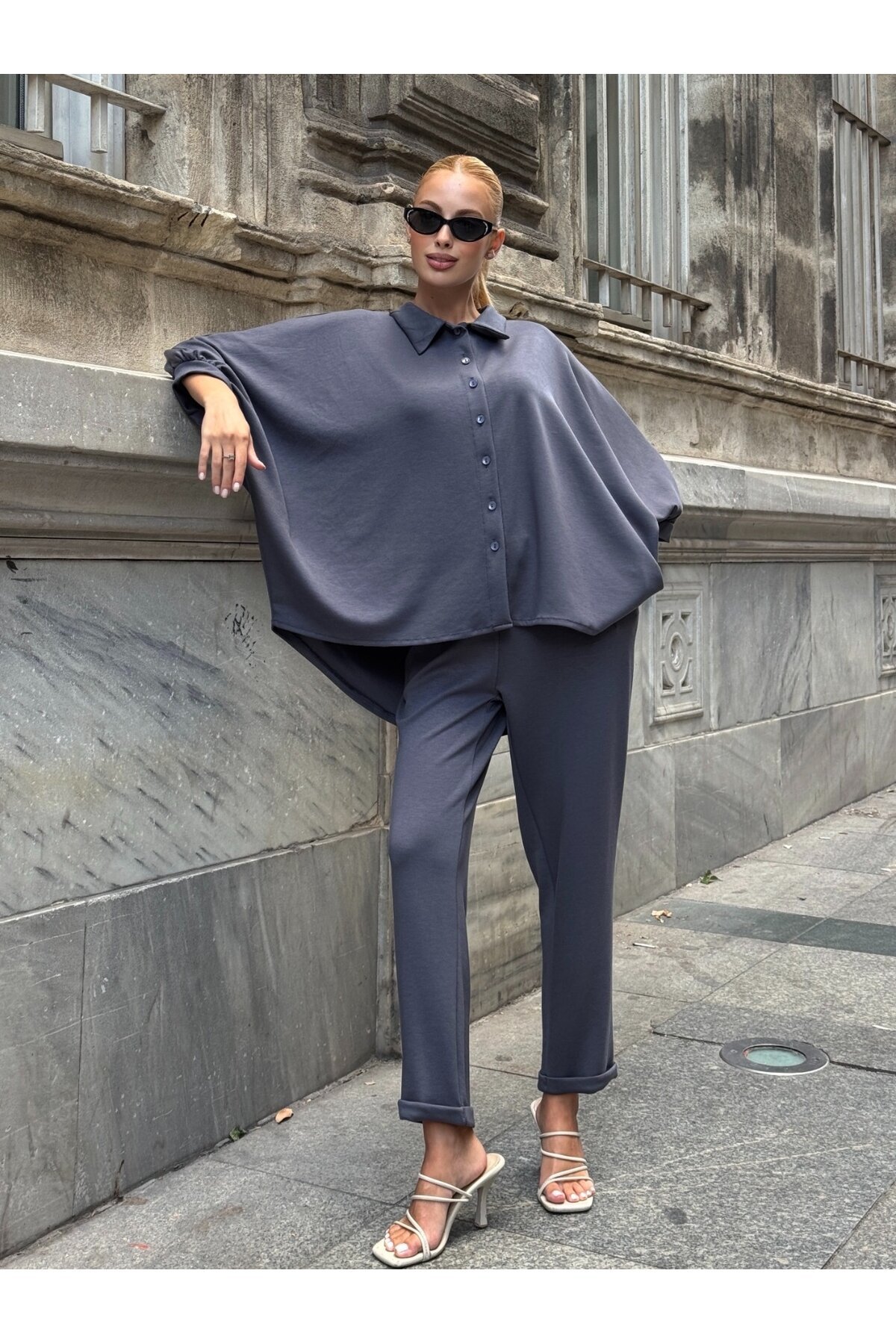Oversize Gömlek Pantalon Gri Takım