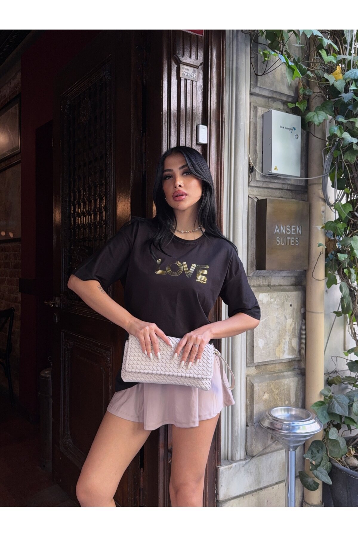 Oversize Love Baskılı Siyah T-Shirt