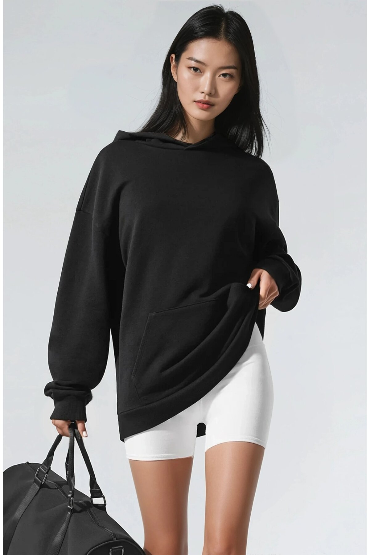 Oversize Siyah Kapüşonlu Modal Kumaş Sweatshirt