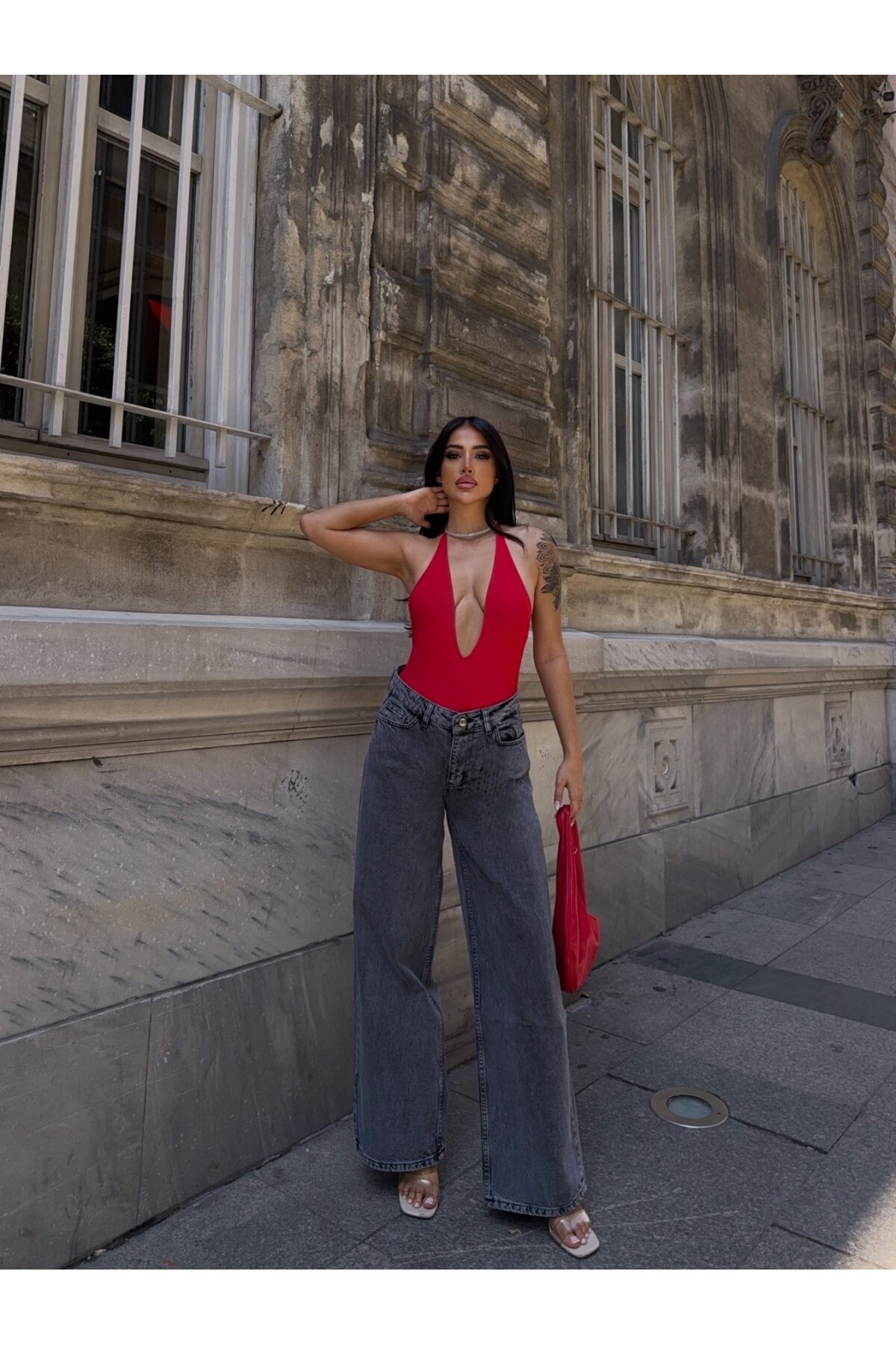 Paça Bol Antrasit Yüksek Bel Jean