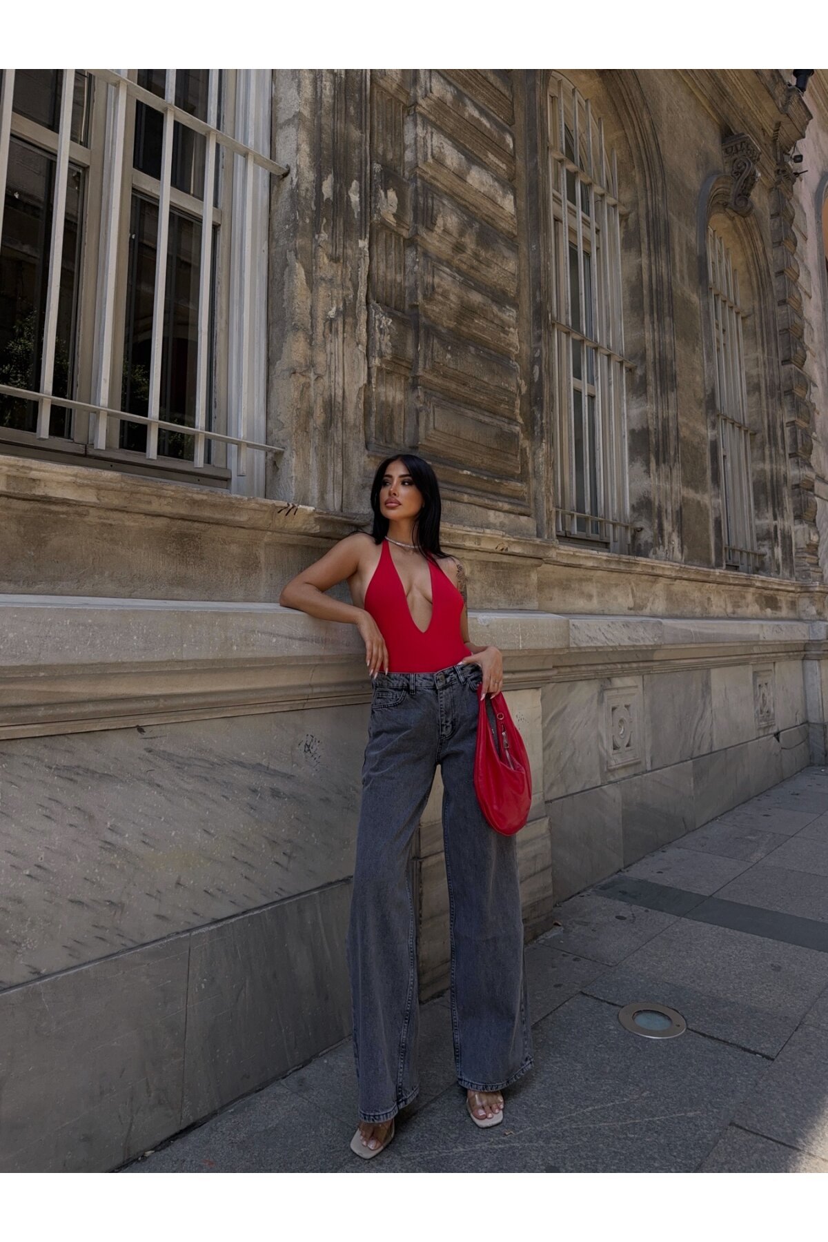 Paça Bol Antrasit Yüksek Bel Jean