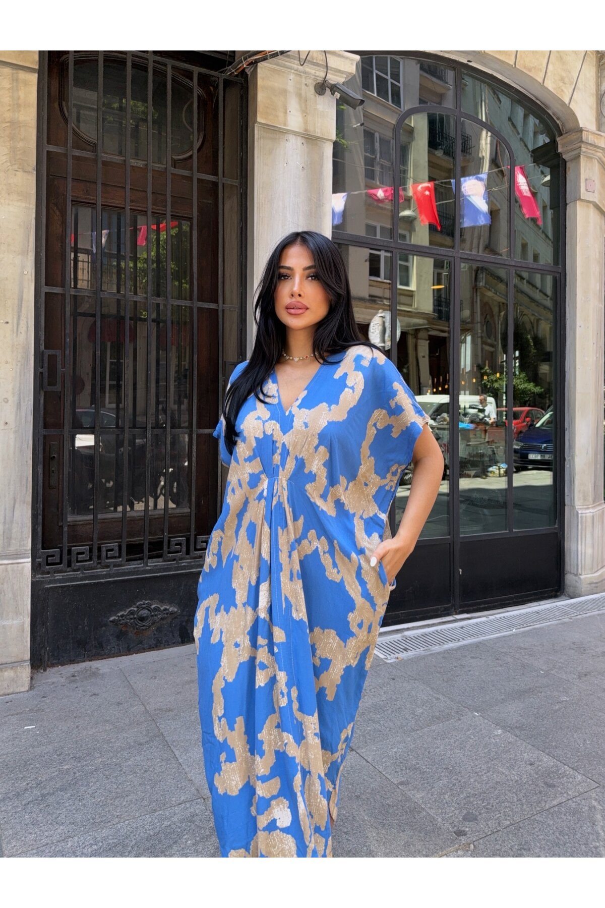 Panço Model Desenli Rahat Kalıp Viskon Elbise Mavi