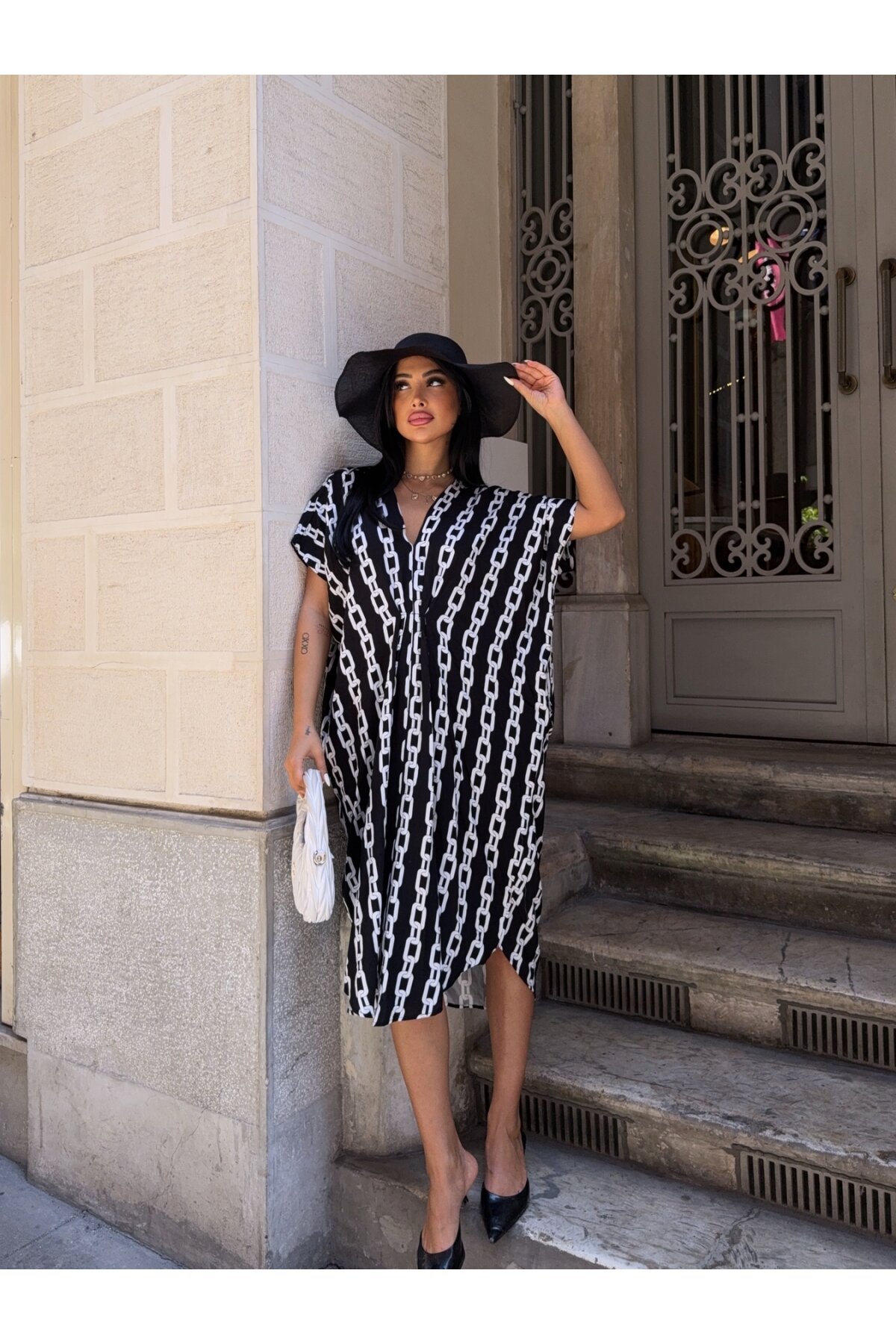 Panço Model Desenli Rahat Kalıp Viskon Elbise Siyah