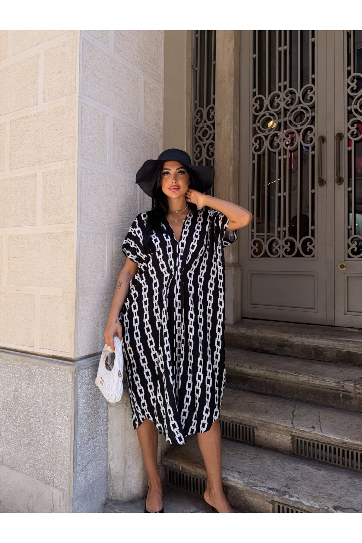 Panço Model Desenli Rahat Kalıp Viskon Elbise Siyah