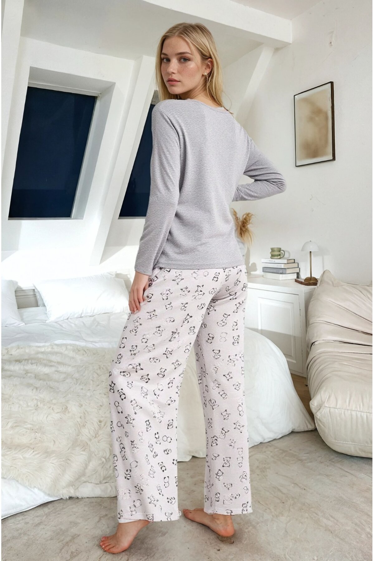 Panda Baskılı Uzun Kollu Pijama Takımı