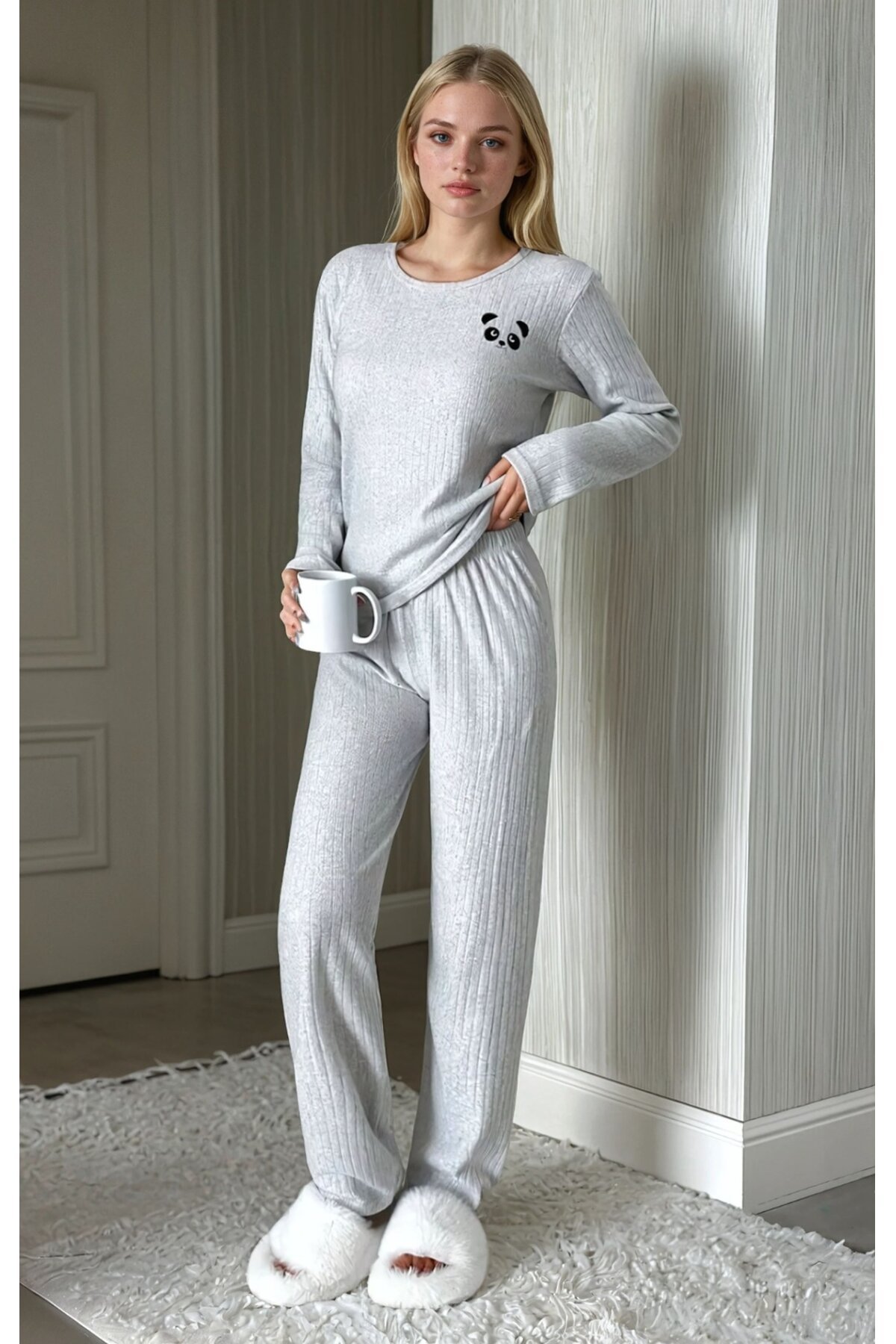 Panda Soft Kadın Ribanalı Pijama Takımı