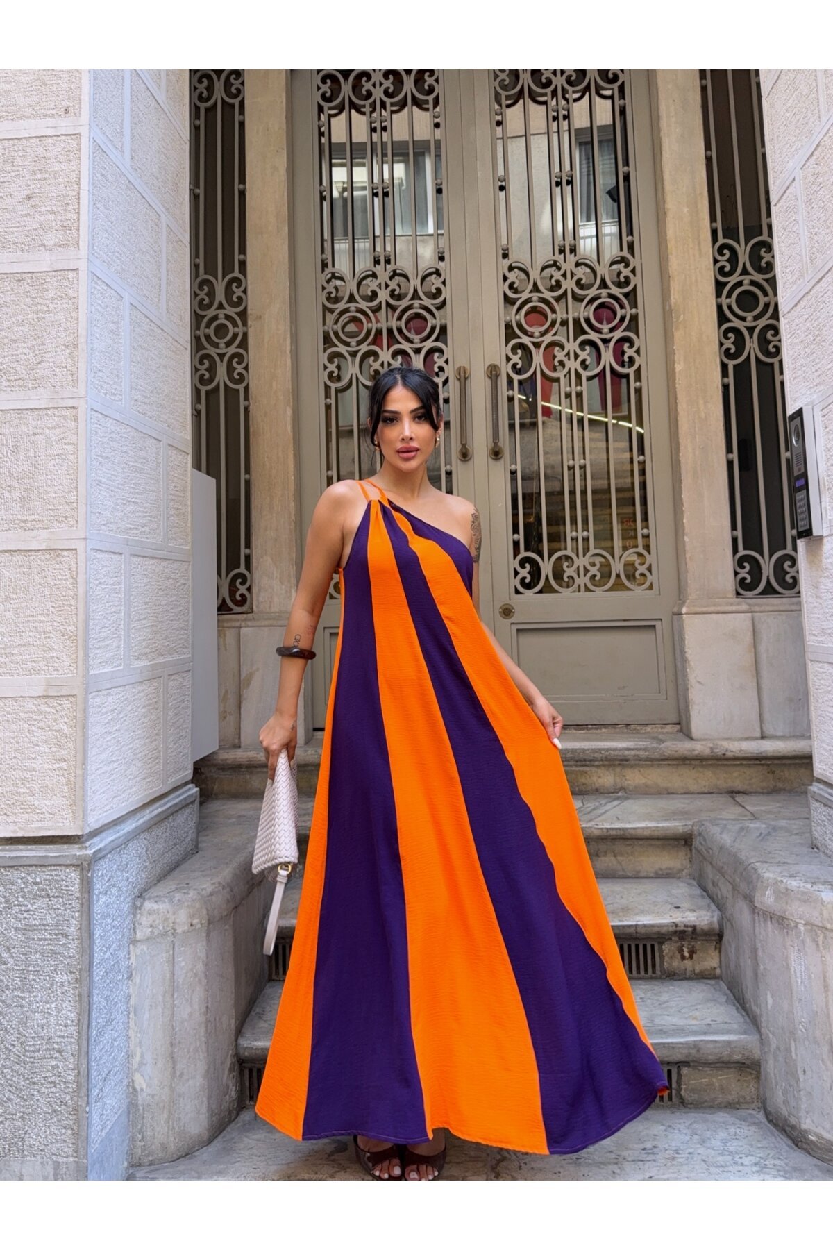 Parça Bloklu Omuz Detay Elbise Siyah Turuncu