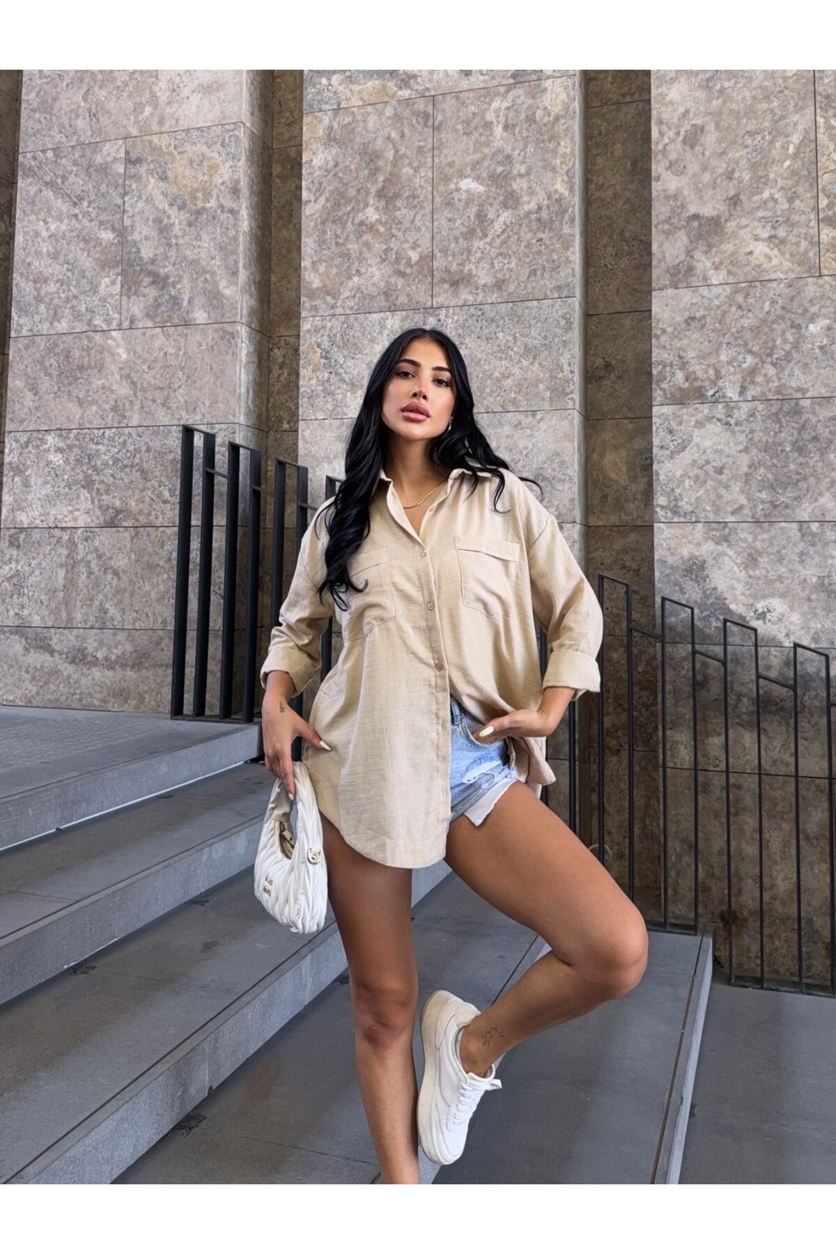 Parıltı Detay Keten Kumaş Gömlek