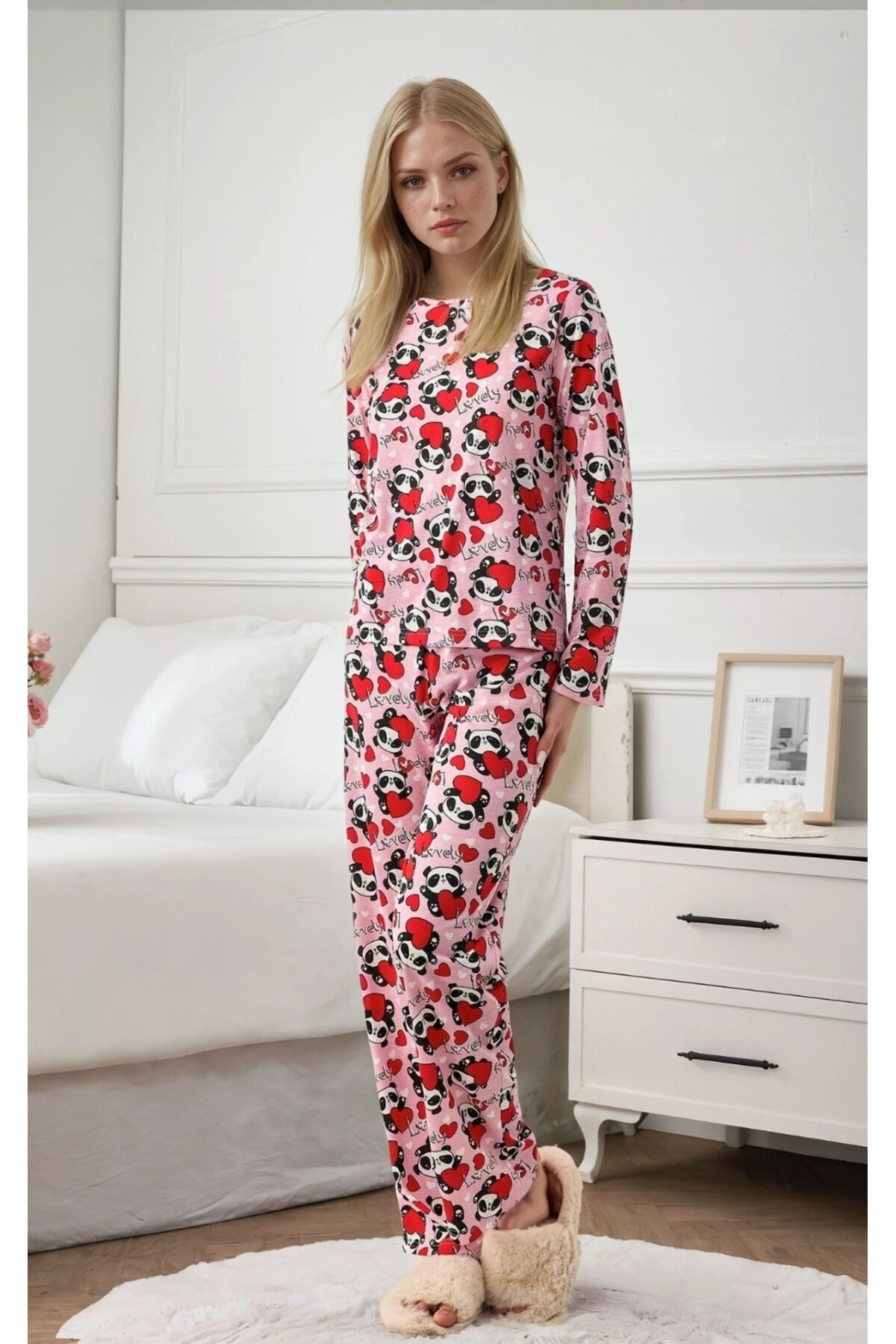 Pembe Sevimli Panda Desenli Kadın Pijama Takımı