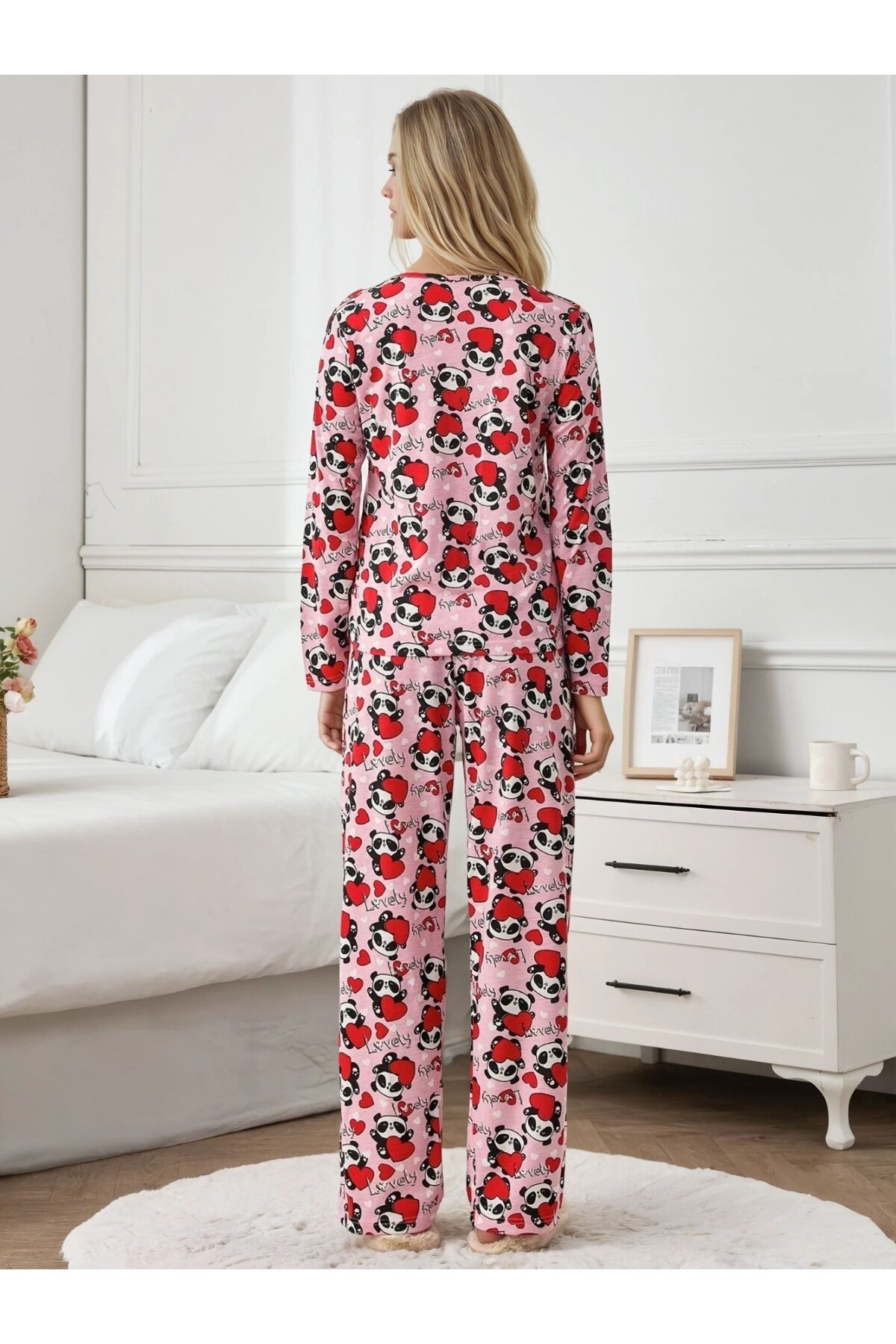 Pembe Sevimli Panda Desenli Kadın Pijama Takımı