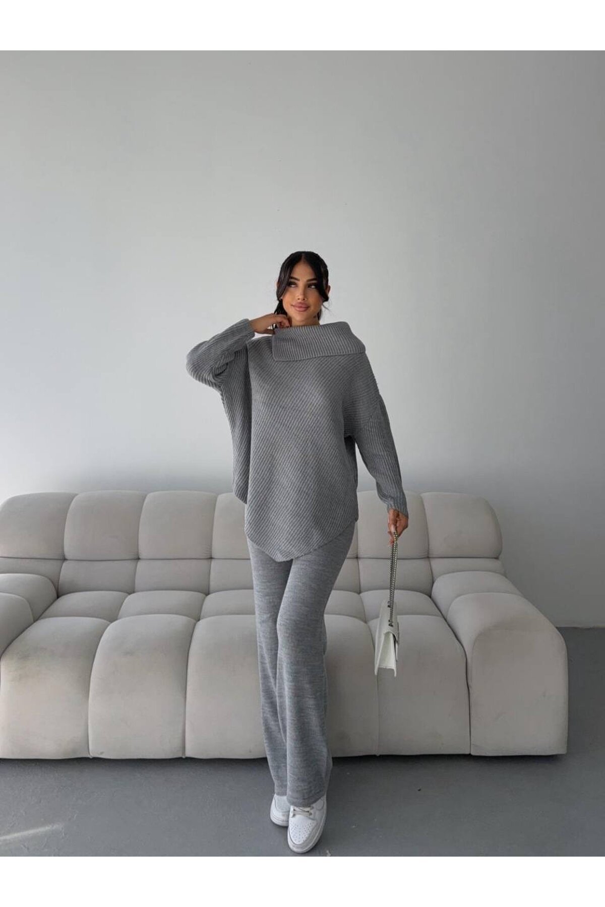 Şal Yaka Triko Takım Gri