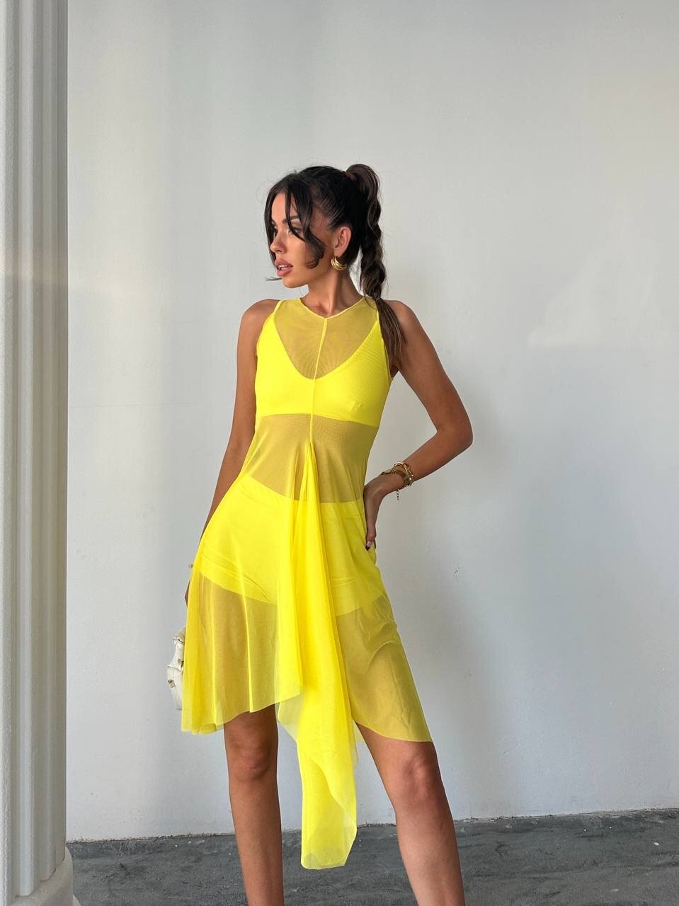 Sarı 3lü Üsttü Tül Pareo Takım