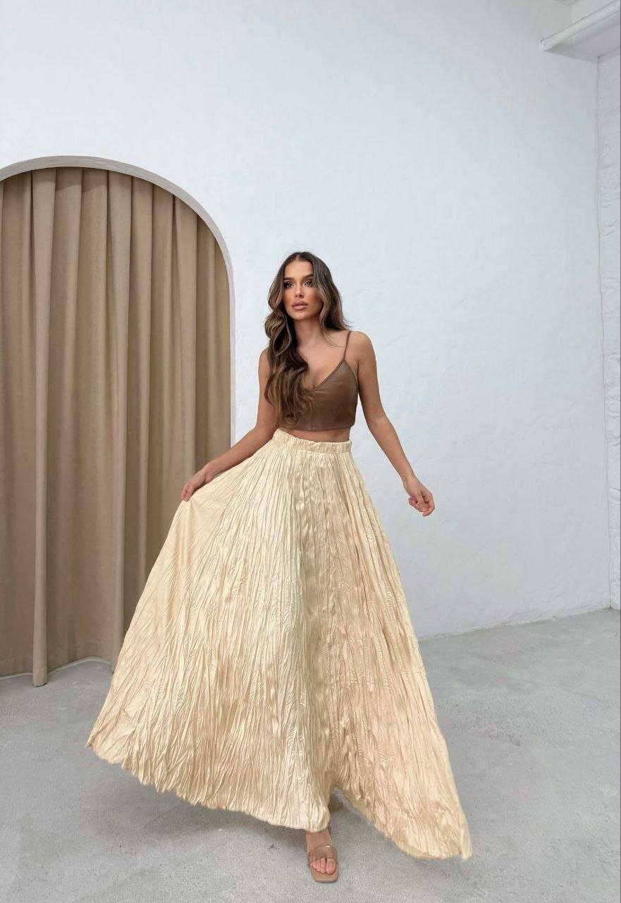 Saten Kumaş Piliseli Etek Bej