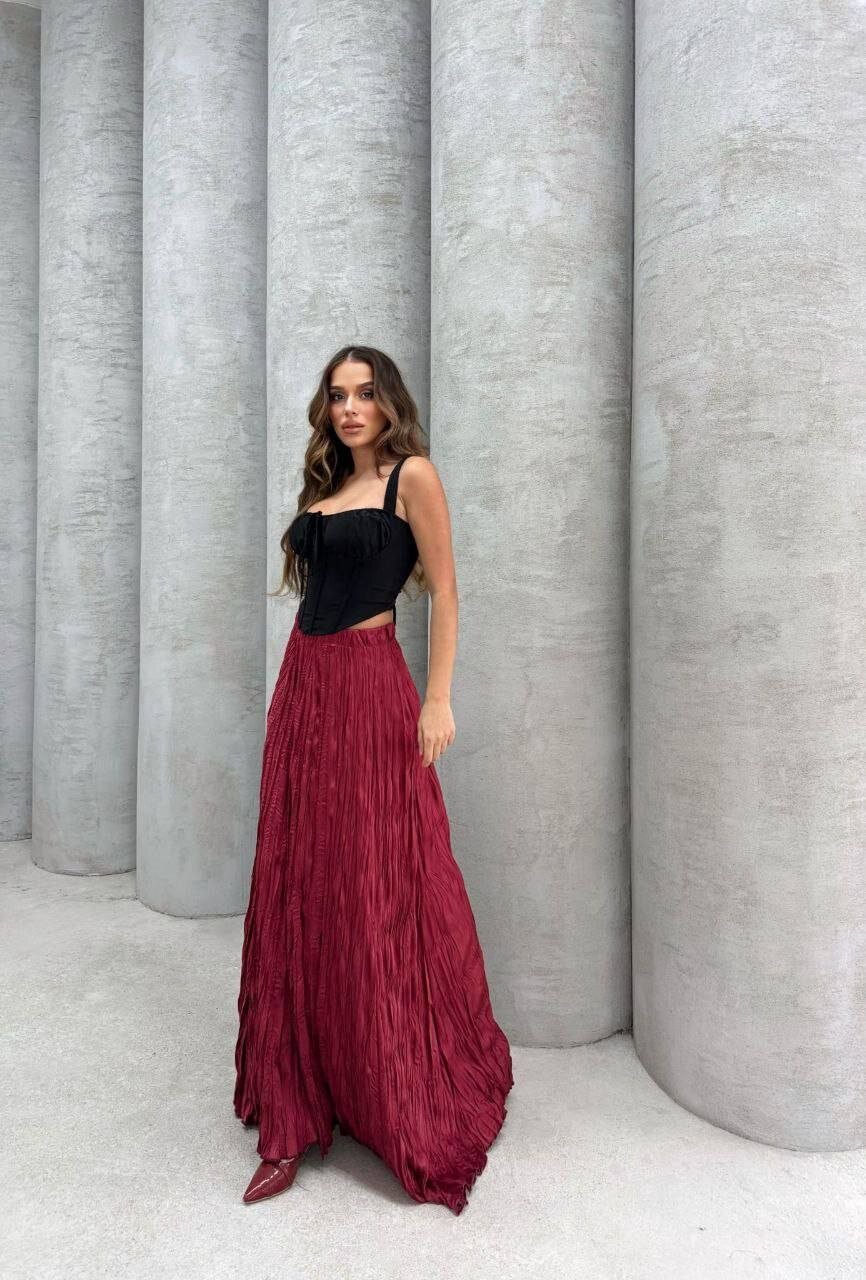 Saten Kumaş Piliseli Etek Bordo
