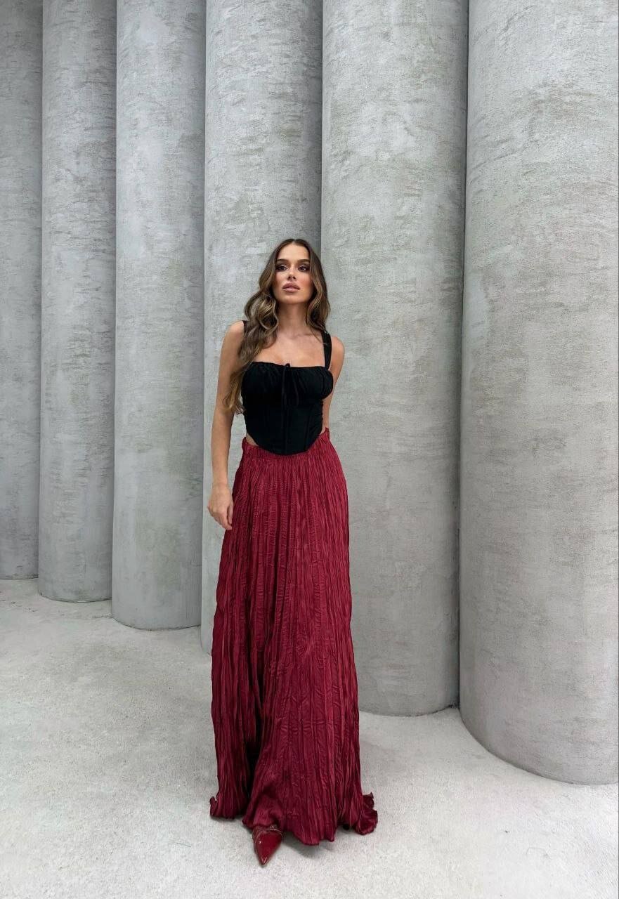 Saten Kumaş Piliseli Etek Bordo