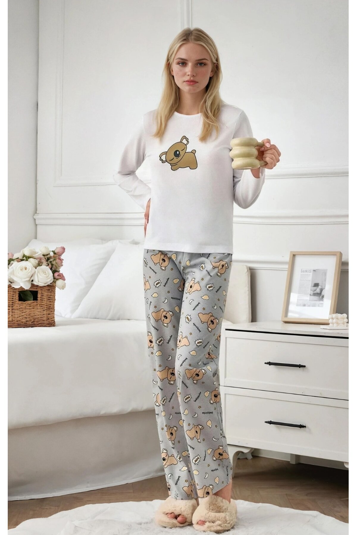 Sevimli Ayıcık Desenli Uzun Kollu Şardonlu Kadın Pijama Takımı
