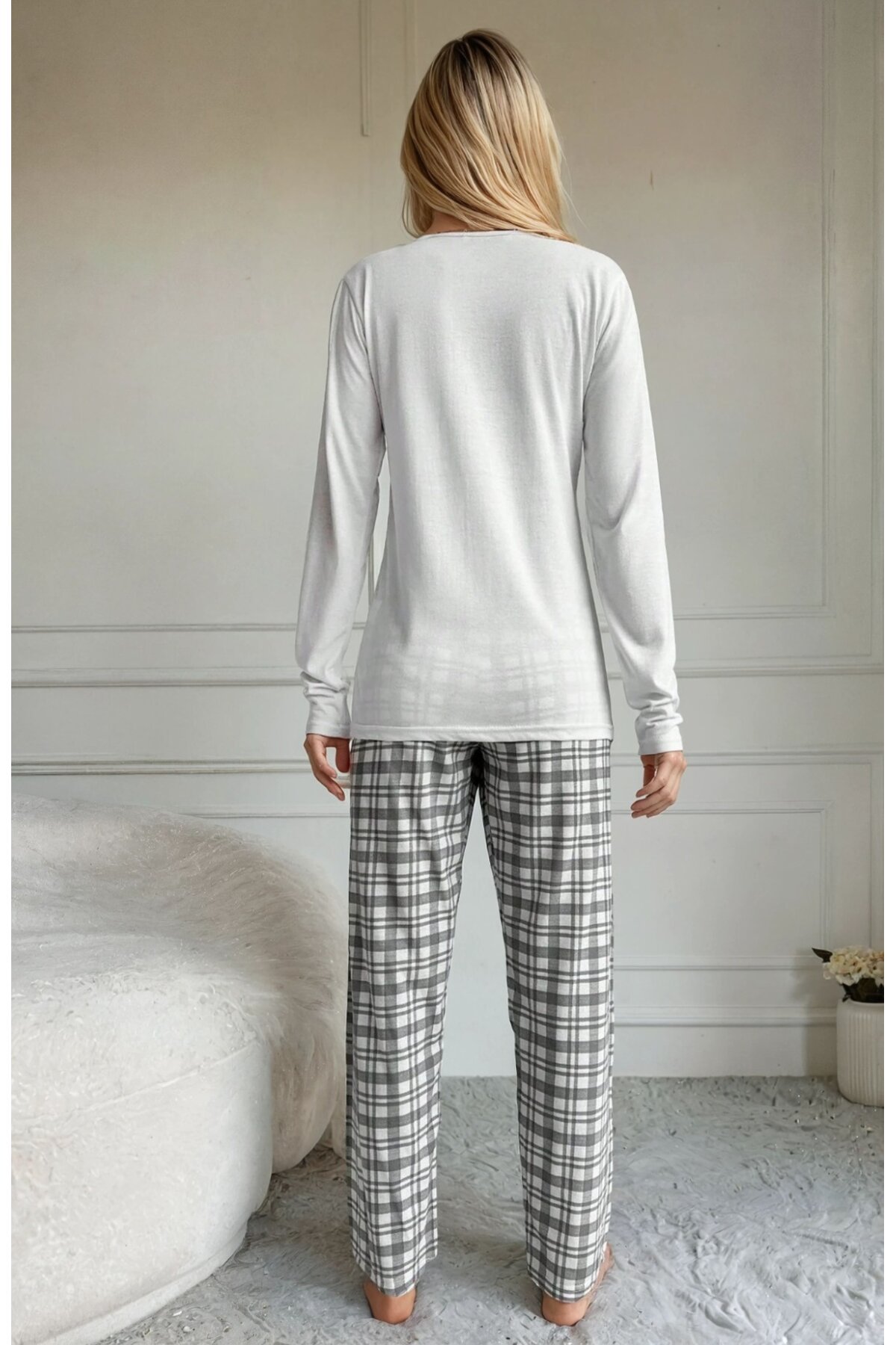 Sheep Baskılı Kareli Kadın Pijama Takımı