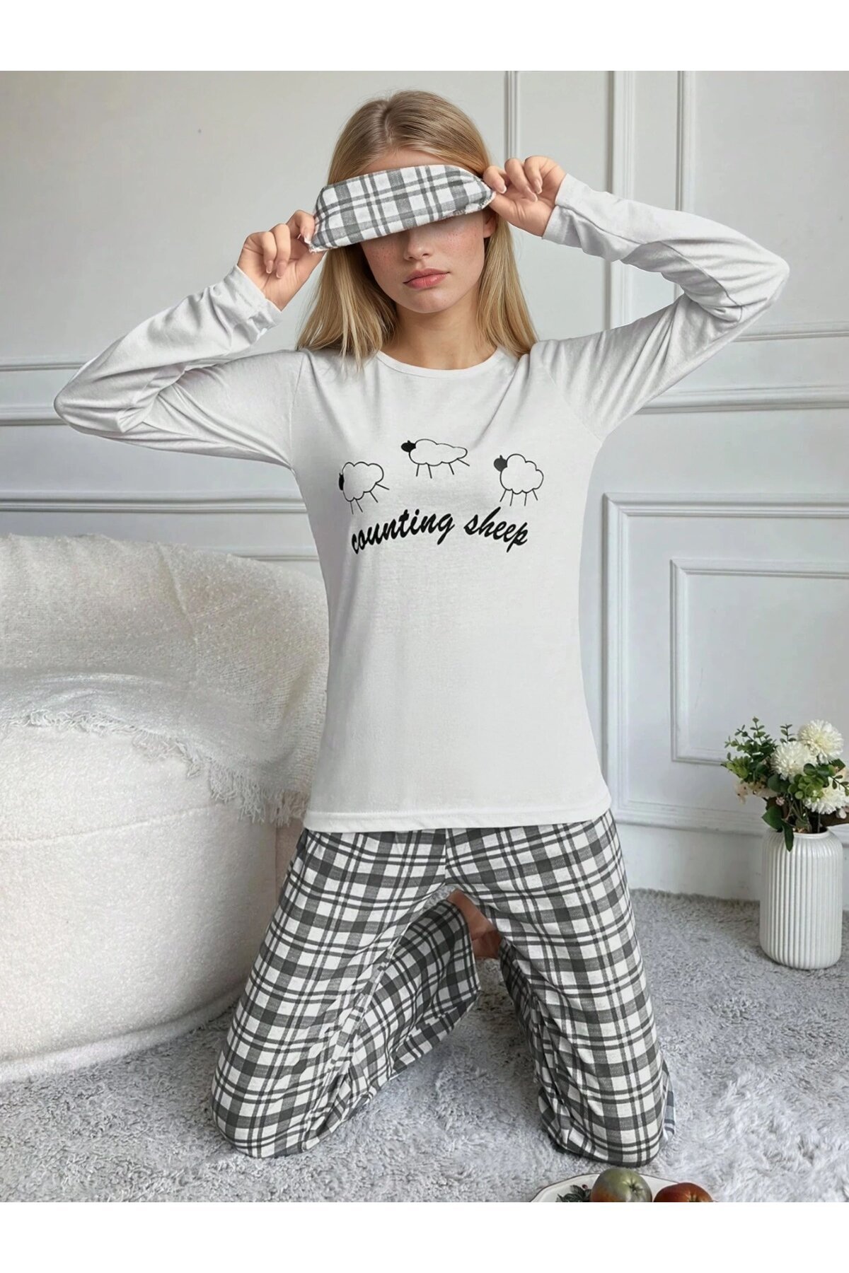 Sheep Baskılı Kareli Kadın Pijama Takımı