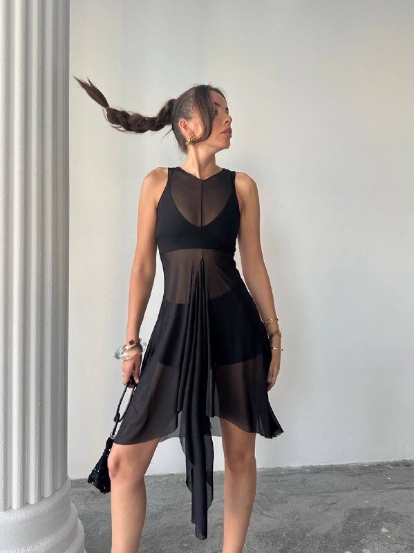 Siyah 3lü Üsttü Tül Pareo Takım
