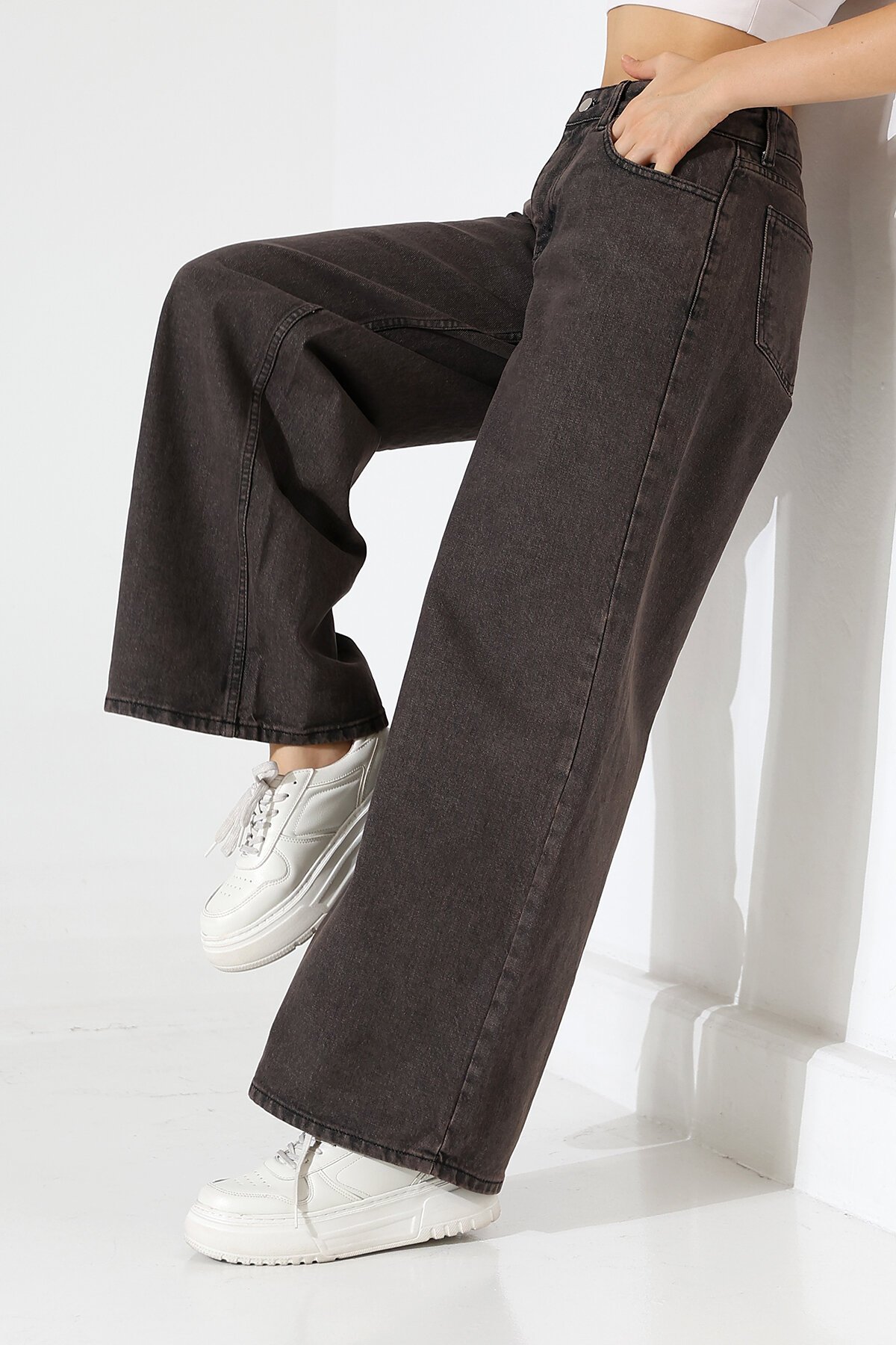 Siyah Geniş Paça Jean Pantolon