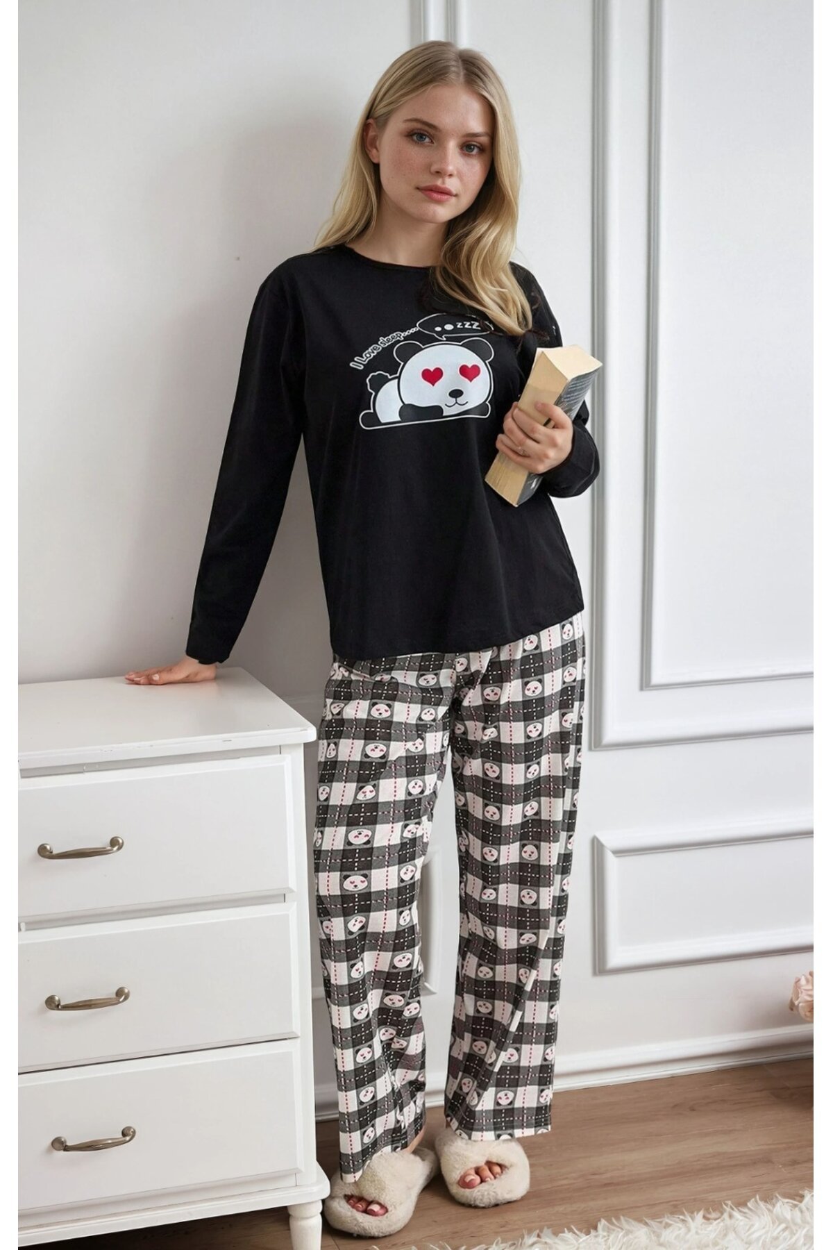 Siyah Panda Baskılı Uzun Kollu Pijama Takımı