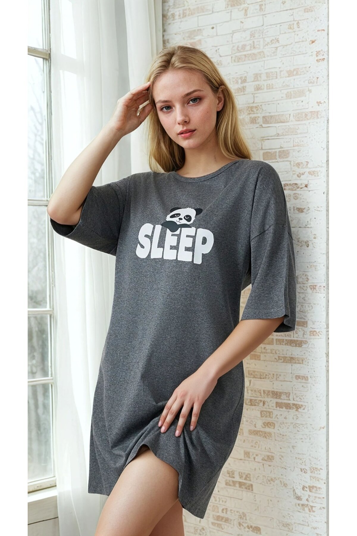 Sleep Baskılı Kısa Kollu Gri Kadın Gecelik