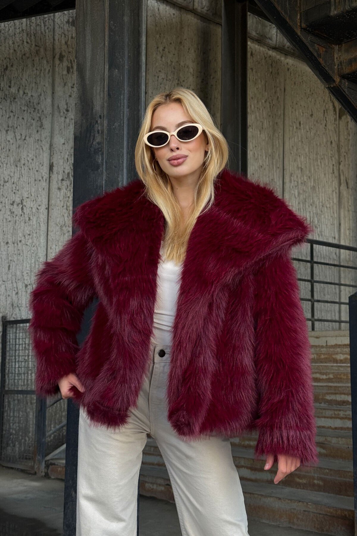 Suni Kürk Premium Peluş Ceket Bordo