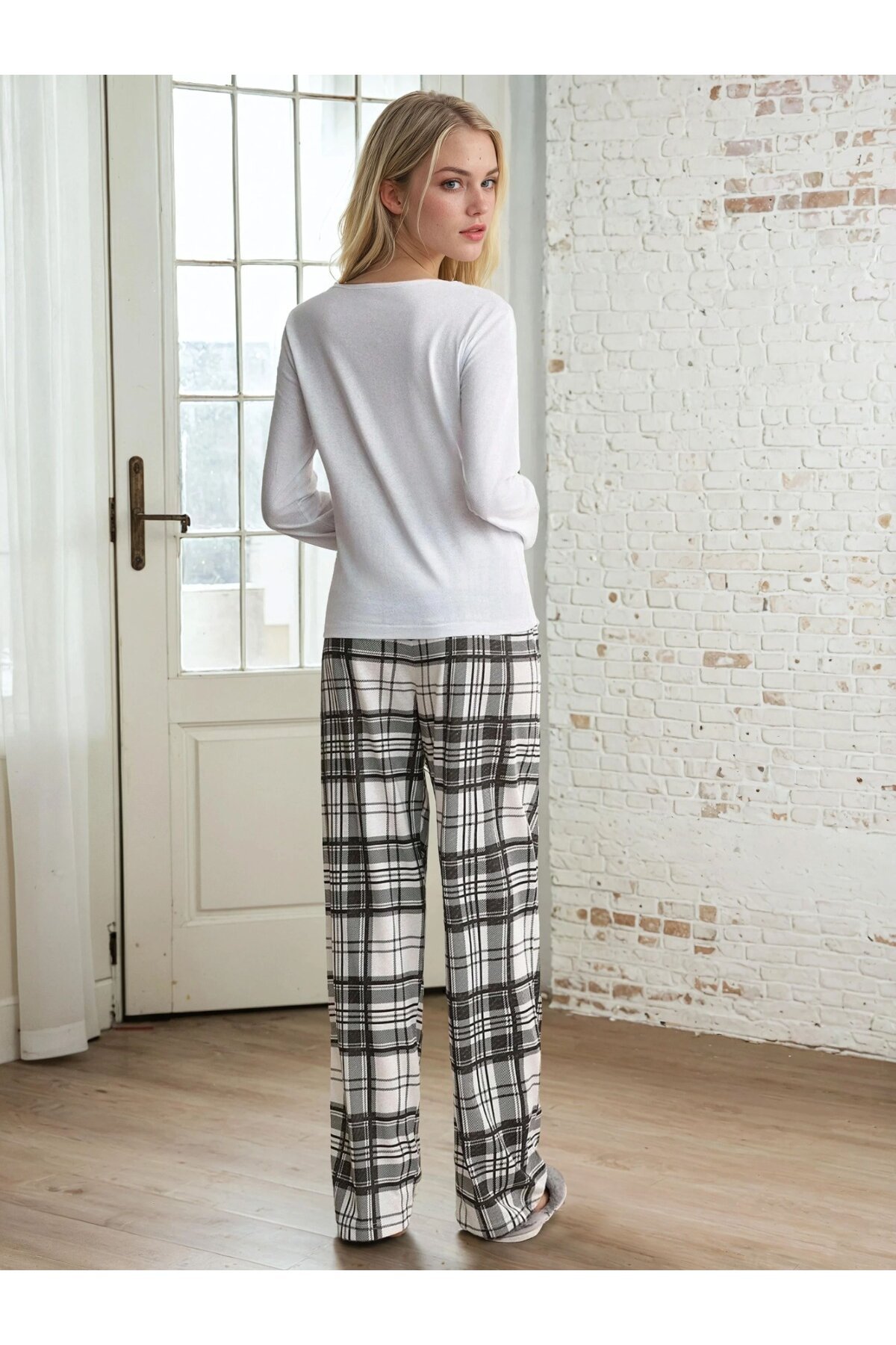 Sweet Baskılı Uzun Kollu Ekose Desen Pijama Takımı