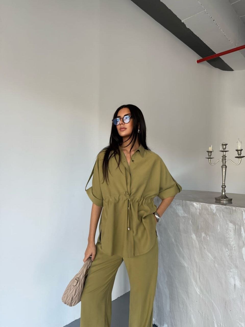 Tensel Kumaş Gömlek Pantalon Takım Haki