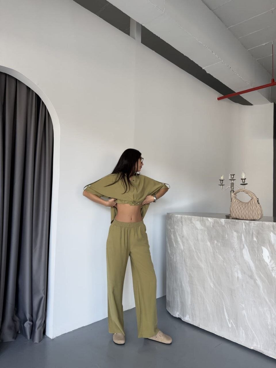 Tensel Kumaş Gömlek Pantalon Takım Haki