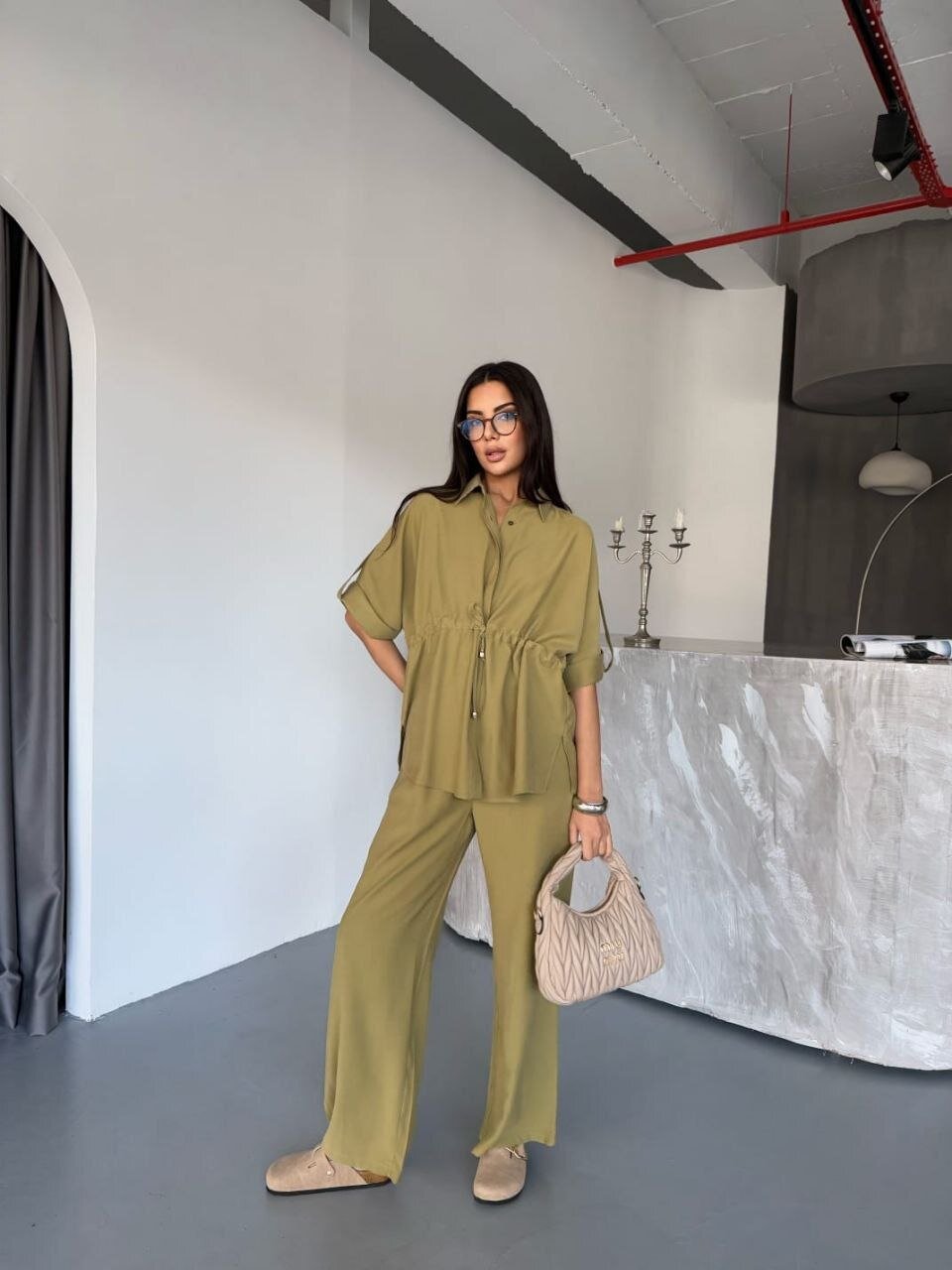 Tensel Kumaş Gömlek Pantalon Takım Haki