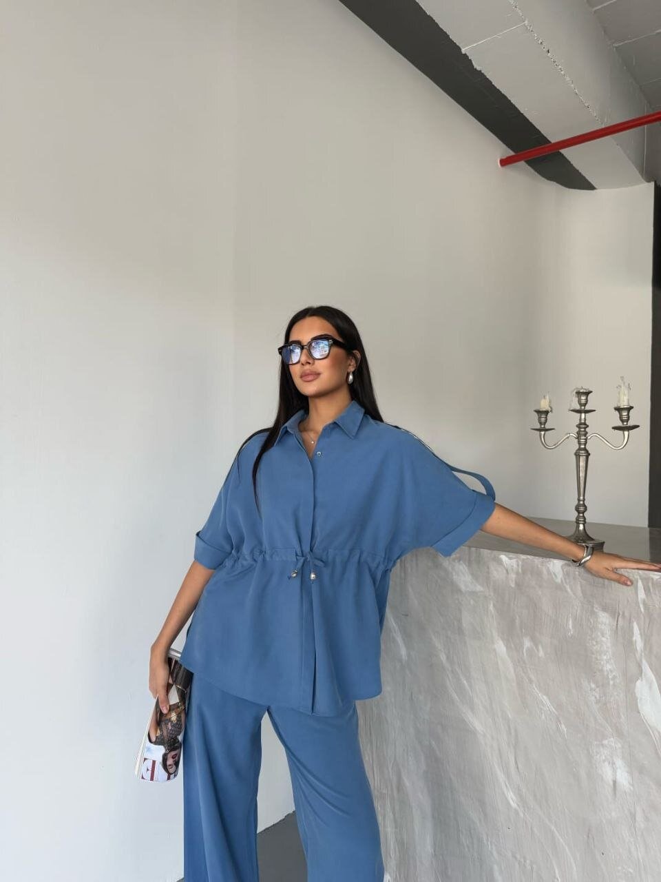 Tensel Kumaş Gömlek Pantalon Takım Mavi