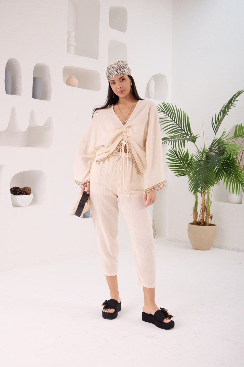 Truvakor Kol Bluz ve Pantalon Takım Bej