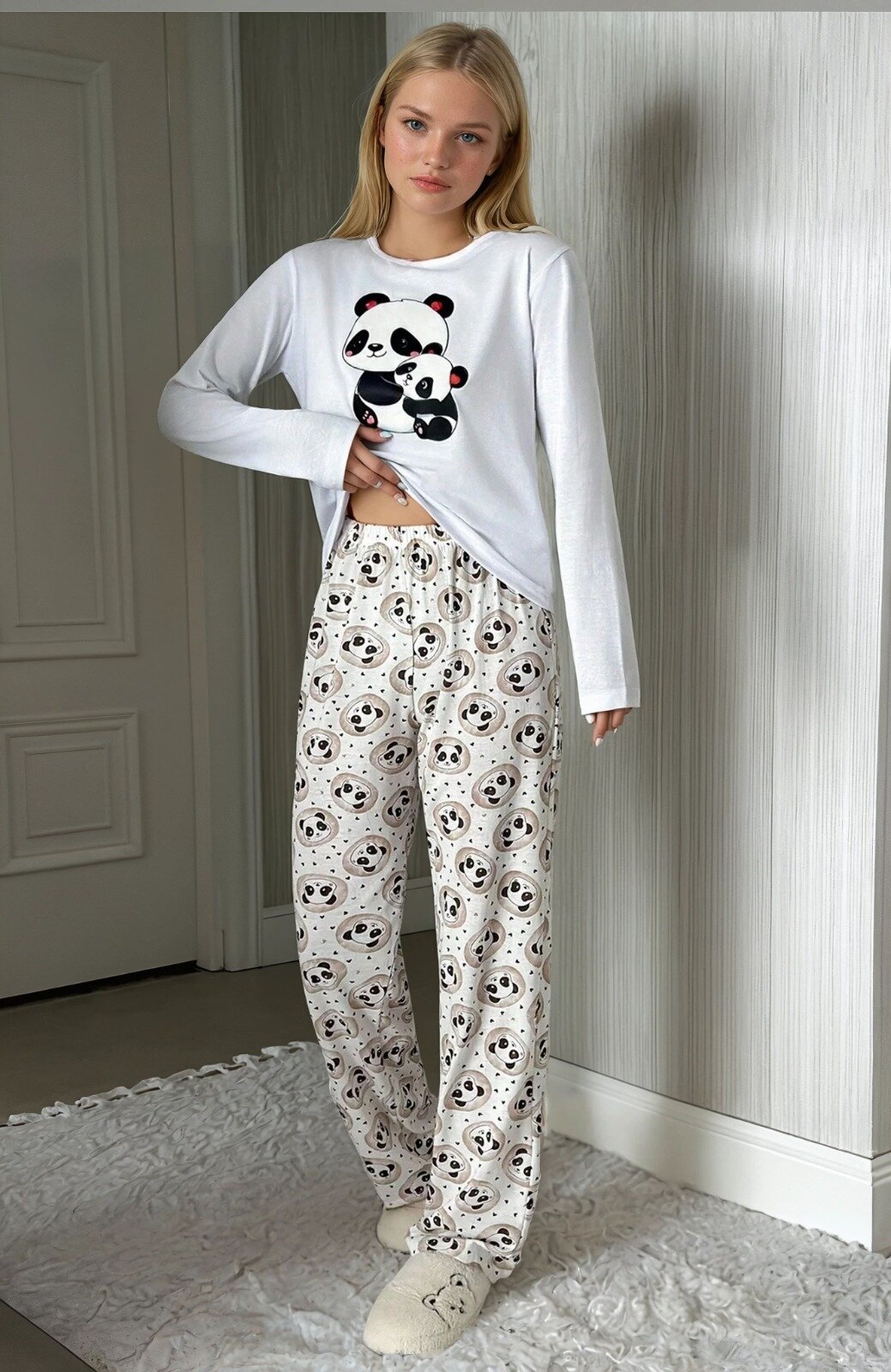 Uzun Kollu Panda Baskılı Pijama Takım