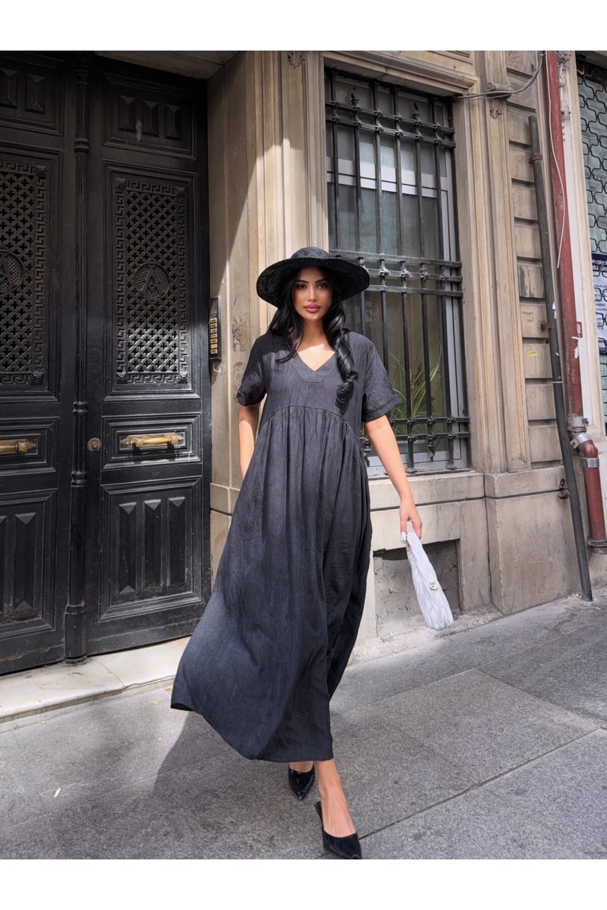 V Yaka Double Kol Siyah Salaş Elbise