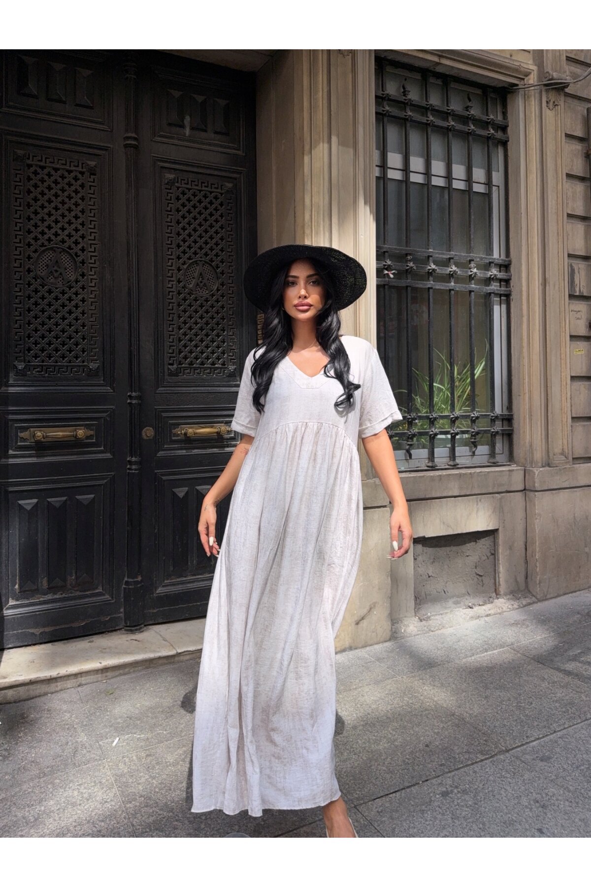 V Yaka Double Kol Siyah Salaş Elbise Ekru