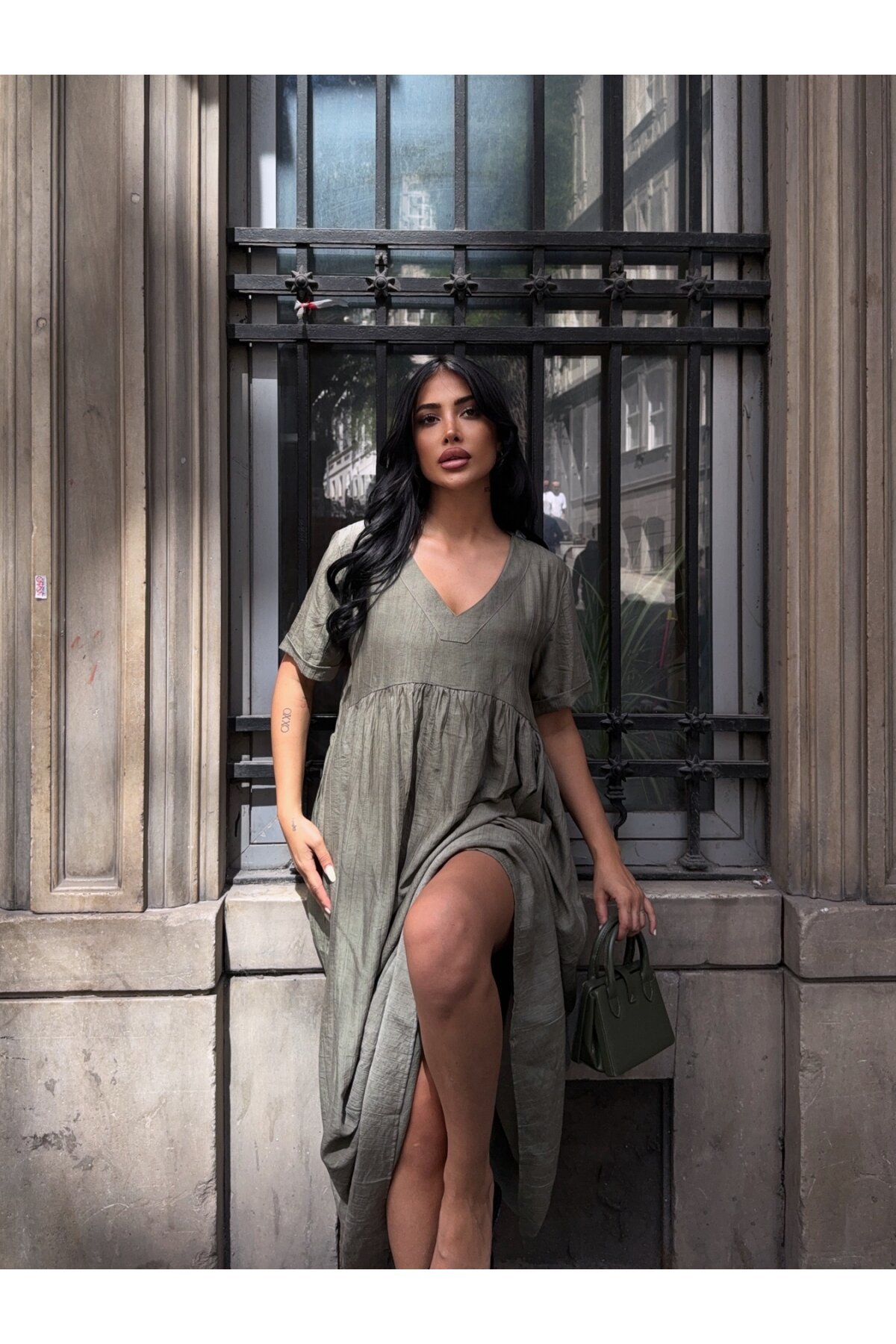 V Yaka Double Kol Siyah Salaş Elbise Haki