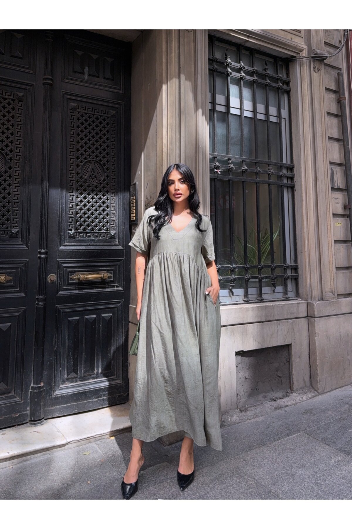 V Yaka Double Kol Siyah Salaş Elbise Haki