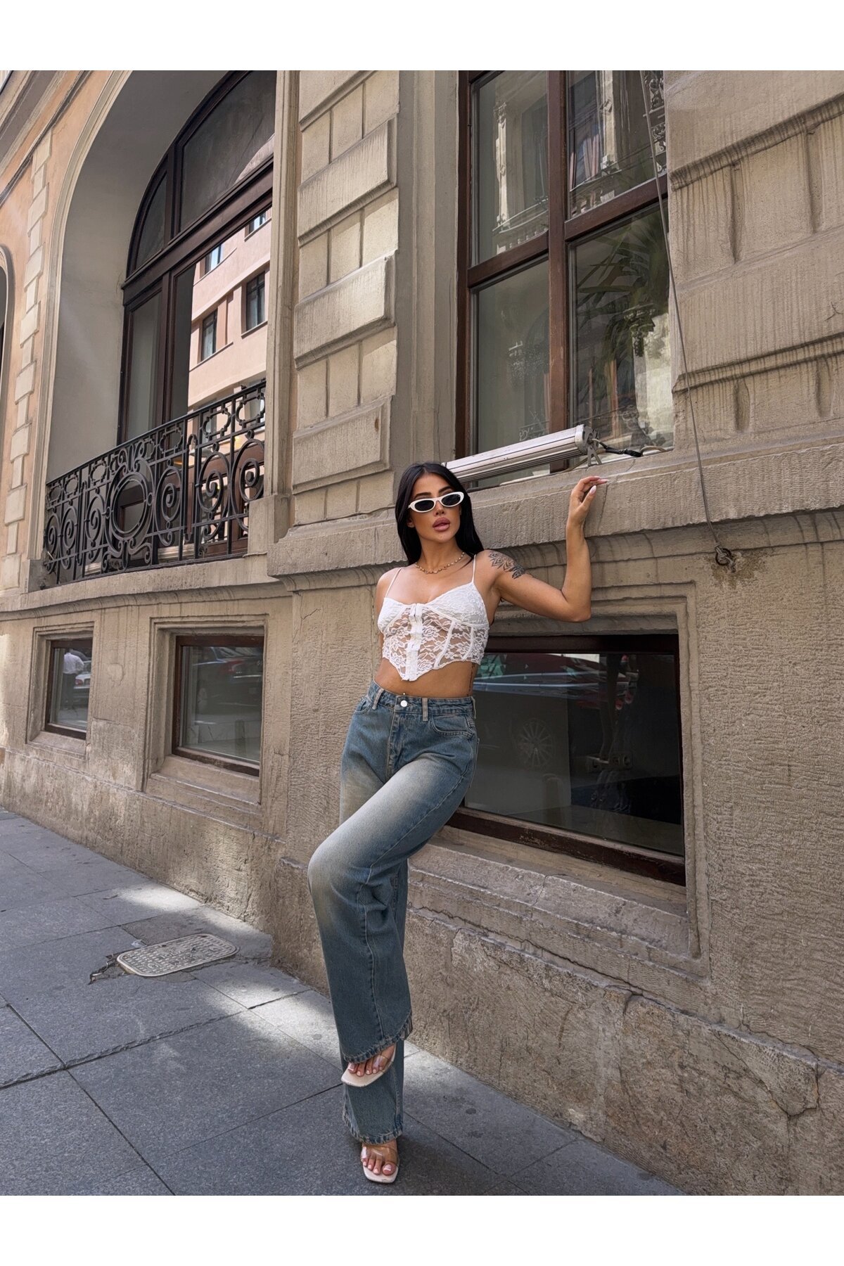 Vintage Yıkamalı Wide Leg Jean Pantolon